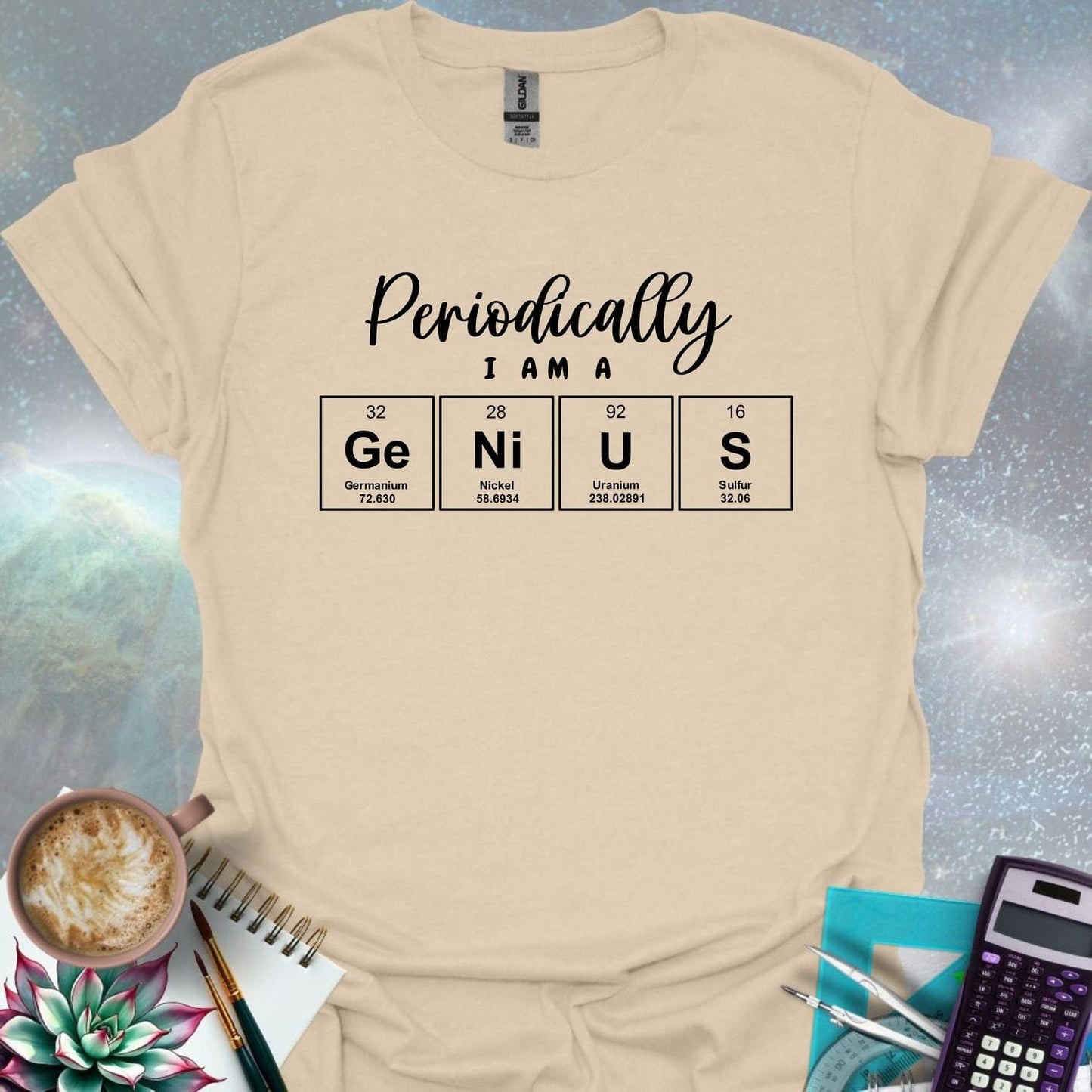 The text 'PERIODICALLY I AM A' above four periodic table element boxes with the symbols Ge, Ni, U, and S, spelling out 'GENIUS'.