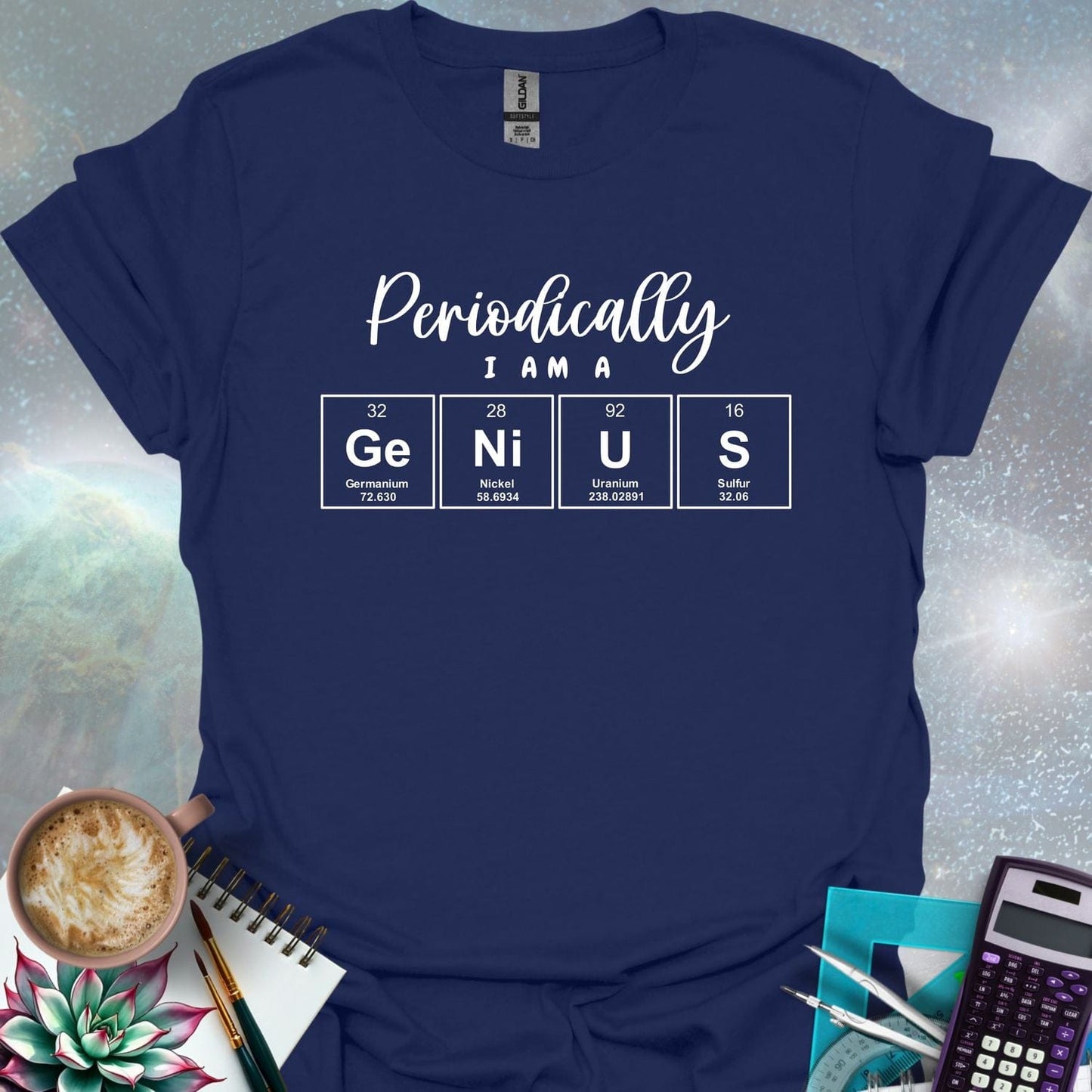 The text 'PERIODICALLY I AM A' above four periodic table element boxes with the symbols Ge, Ni, U, and S, spelling out 'GENIUS'.