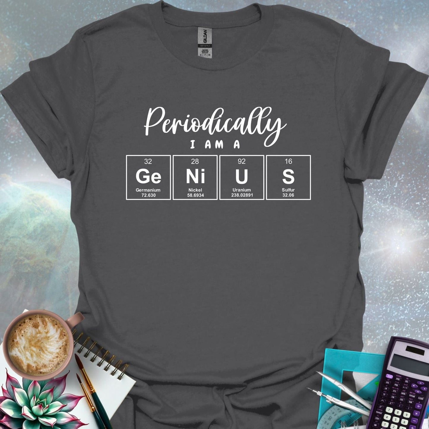 The text 'PERIODICALLY I AM A' above four periodic table element boxes with the symbols Ge, Ni, U, and S, spelling out 'GENIUS'.