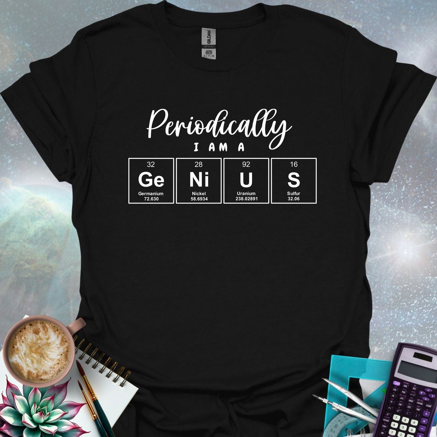The text 'PERIODICALLY I AM A' above four periodic table element boxes with the symbols Ge, Ni, U, and S, spelling out 'GENIUS'.