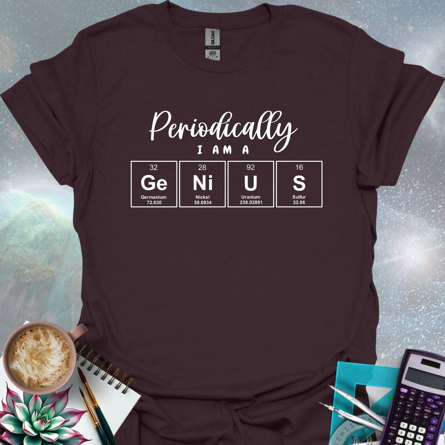 The text 'PERIODICALLY I AM A' above four periodic table element boxes with the symbols Ge, Ni, U, and S, spelling out 'GENIUS'.