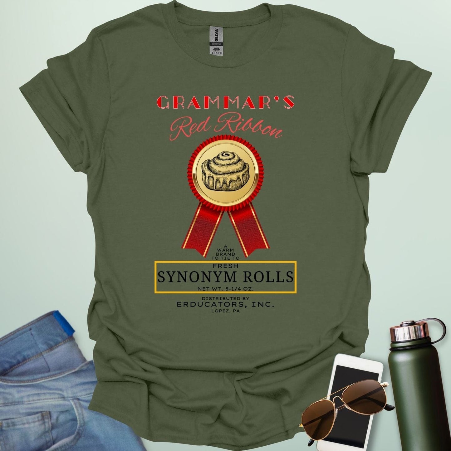 Grammar's Synonym Rolls t-shirt featuring a red ribbon award for fresh cinnamon rolls. Ideal funny gift for English teachers, writers, and grammar nerds.
