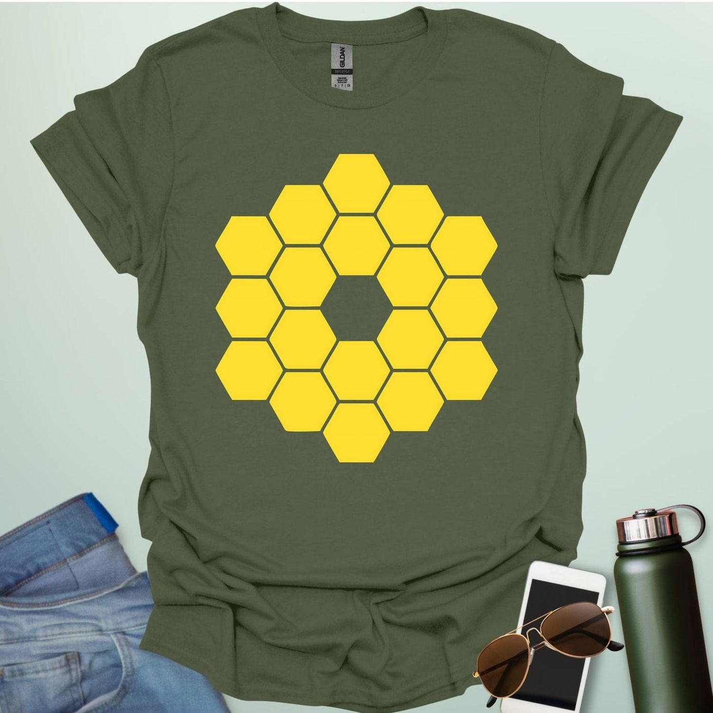 A yellow icon representing the James Webb Space Telescope's hexagonal mirror array.