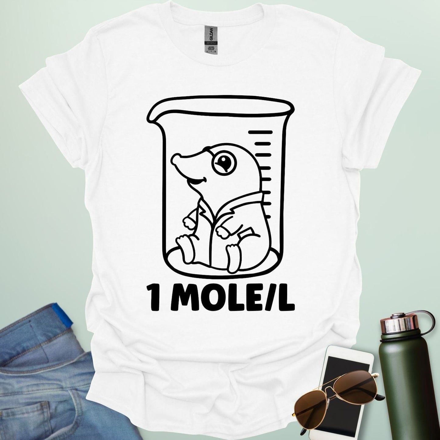 A funny chemistry t-shirt featuring a cartoon mole inside a science beaker. The design includes the text '1 MOLE/L,' a clever pun for chemists and science students.