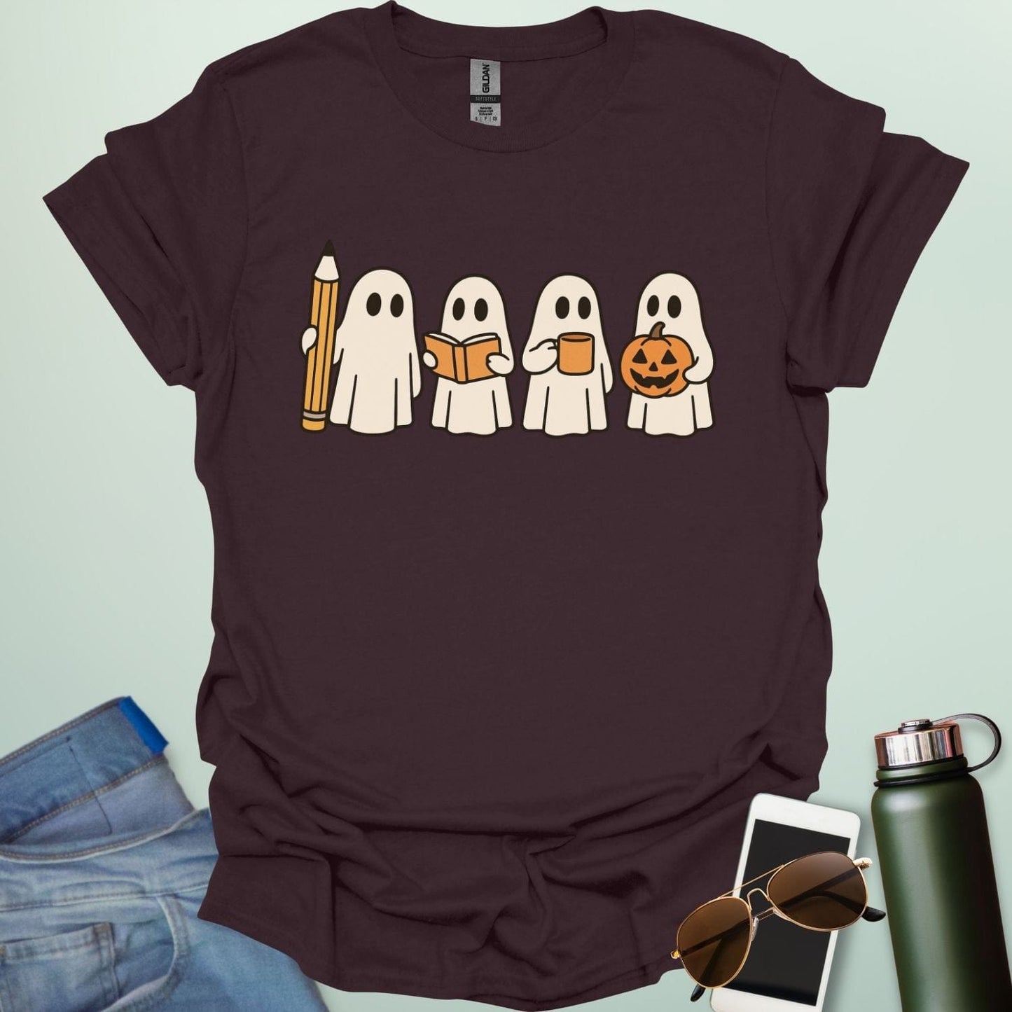 Teachers Have Spirit(s) t-shirt with ghostly Halloween theme — fun educator design for teachers and classrooms.