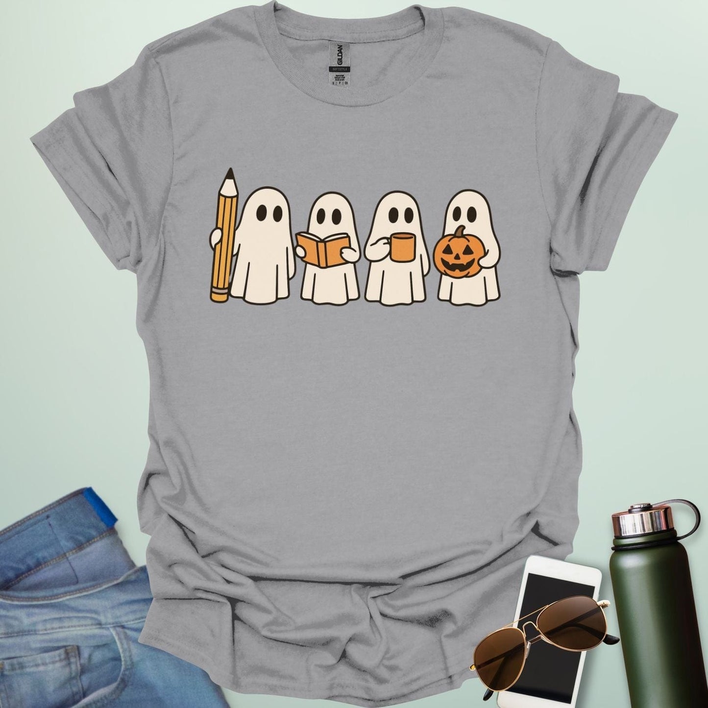 Teachers Have Spirit(s) t-shirt with ghostly Halloween theme — fun educator design for teachers and classrooms.