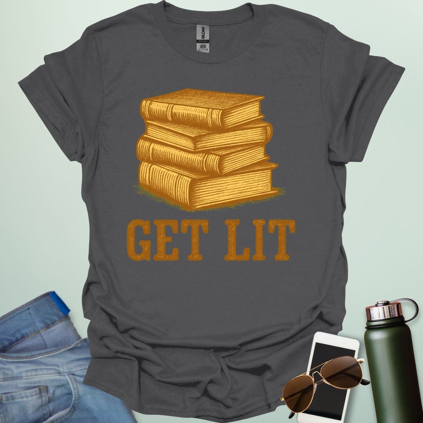 A charcoal grey t-shirt with an illustration of a stack of books and the text 'GET LIT' below.