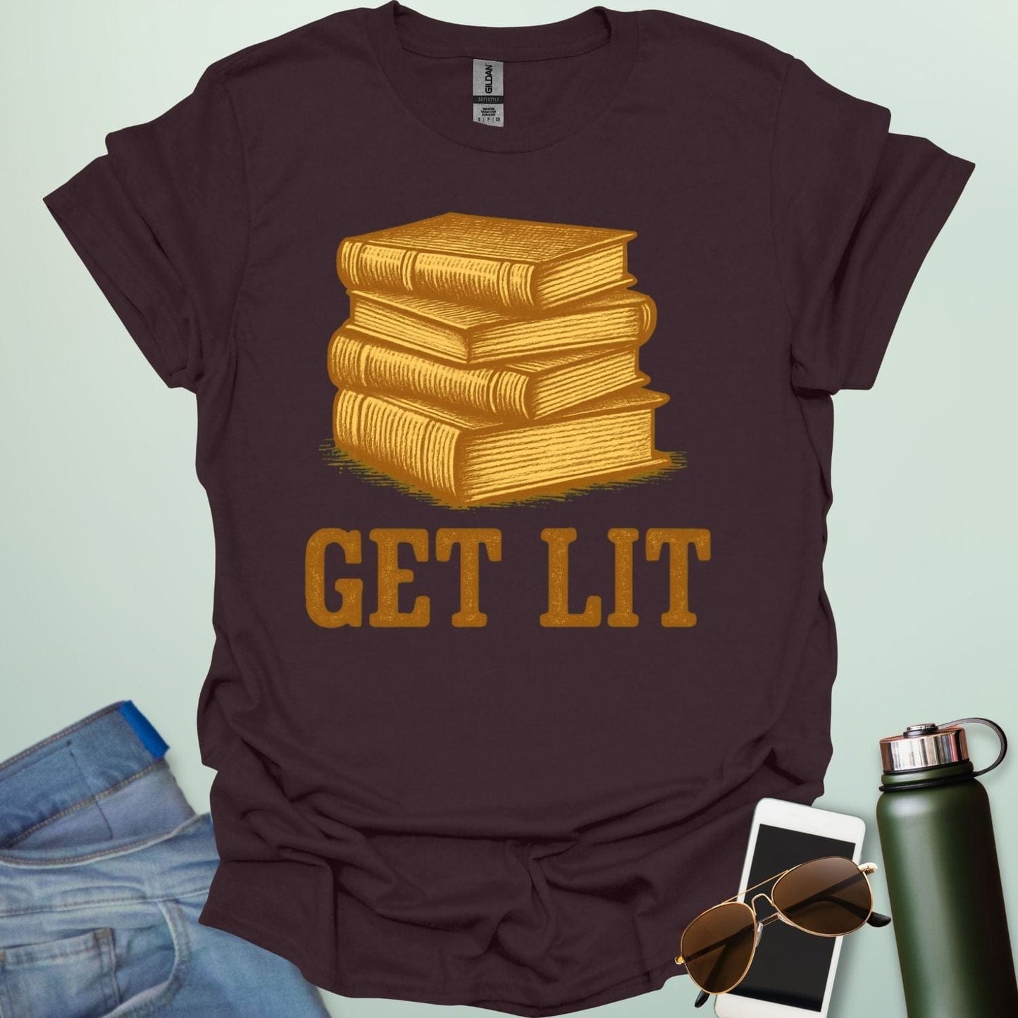 A dark chocolate t-shirt with an illustration of a stack of books and the text 'GET LIT' below.