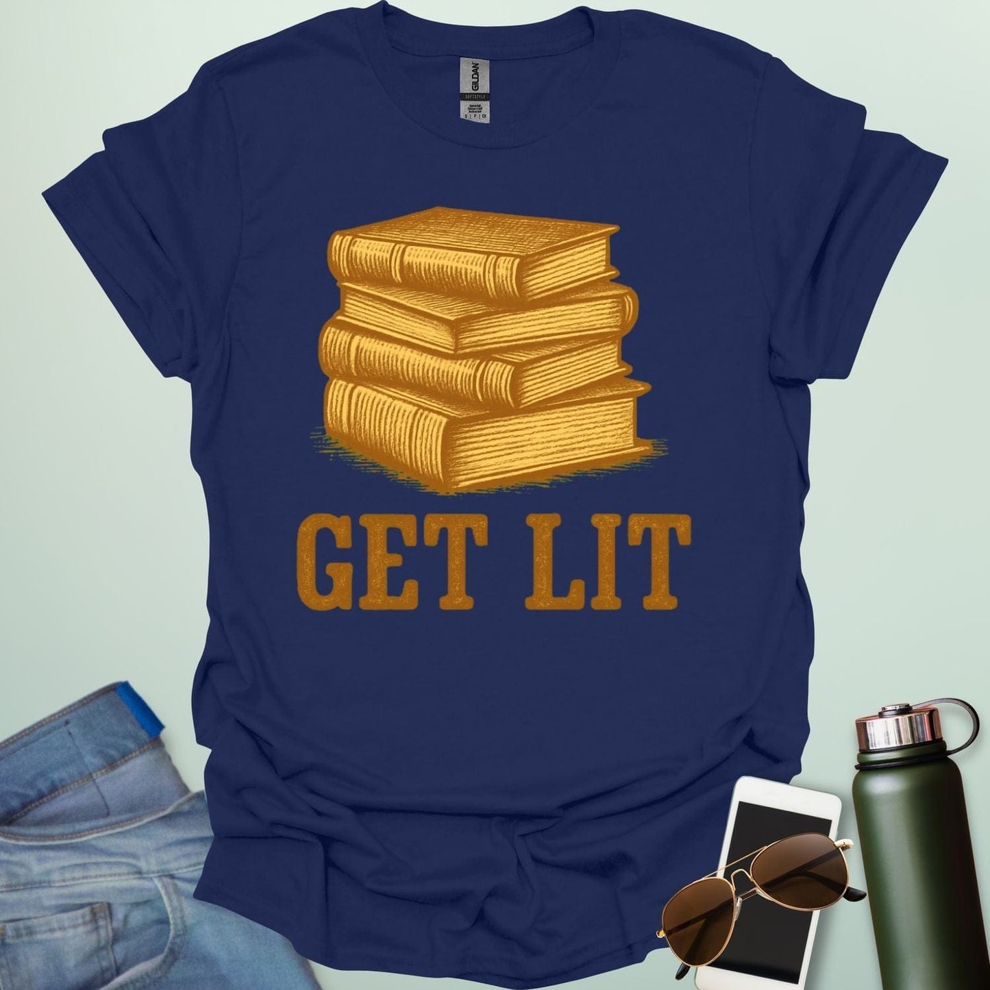 A navy blue t-shirt with an illustration of a stack of books and the text 'GET LIT' below.