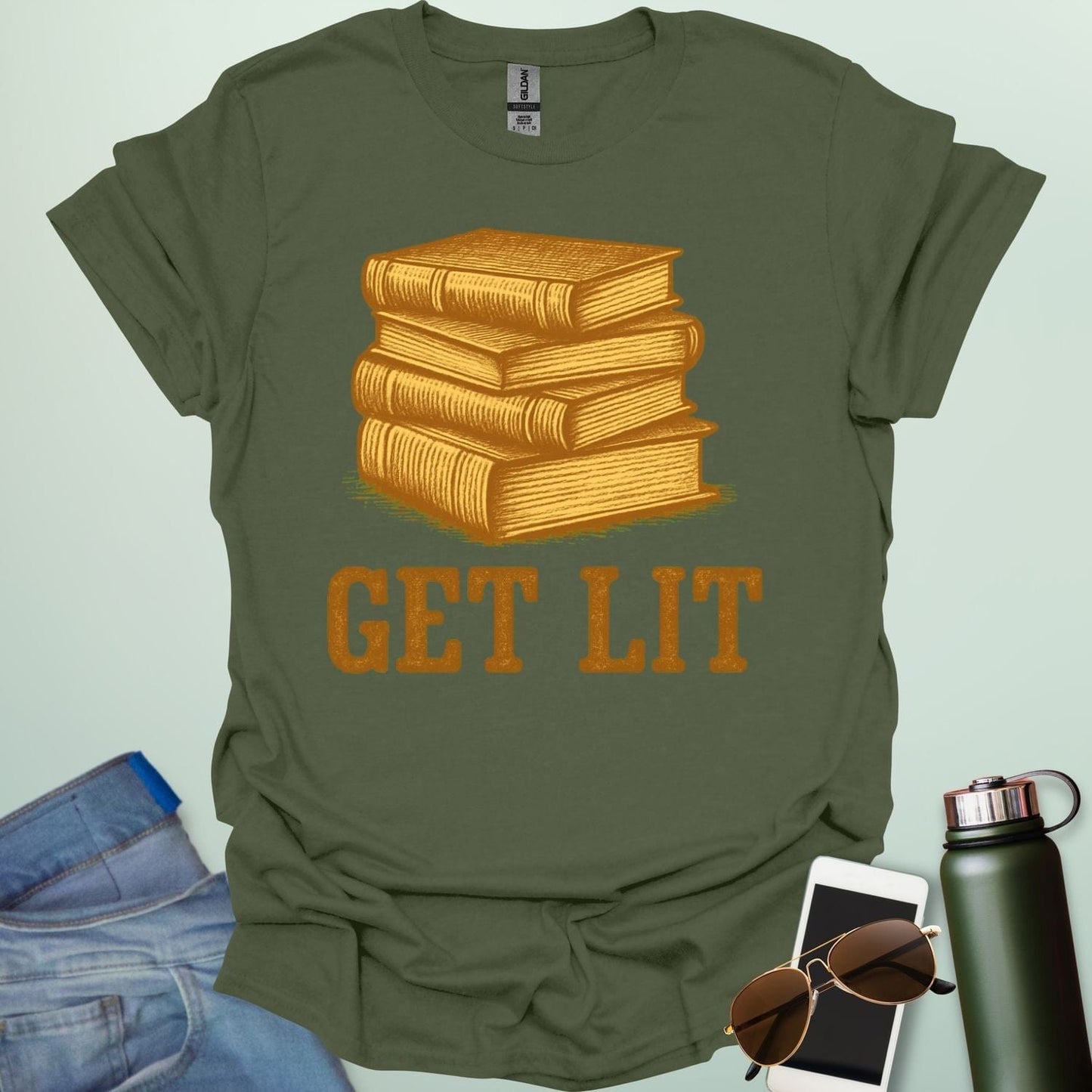 A military green t-shirt with an illustration of a stack of books and the text 'GET LIT' below.