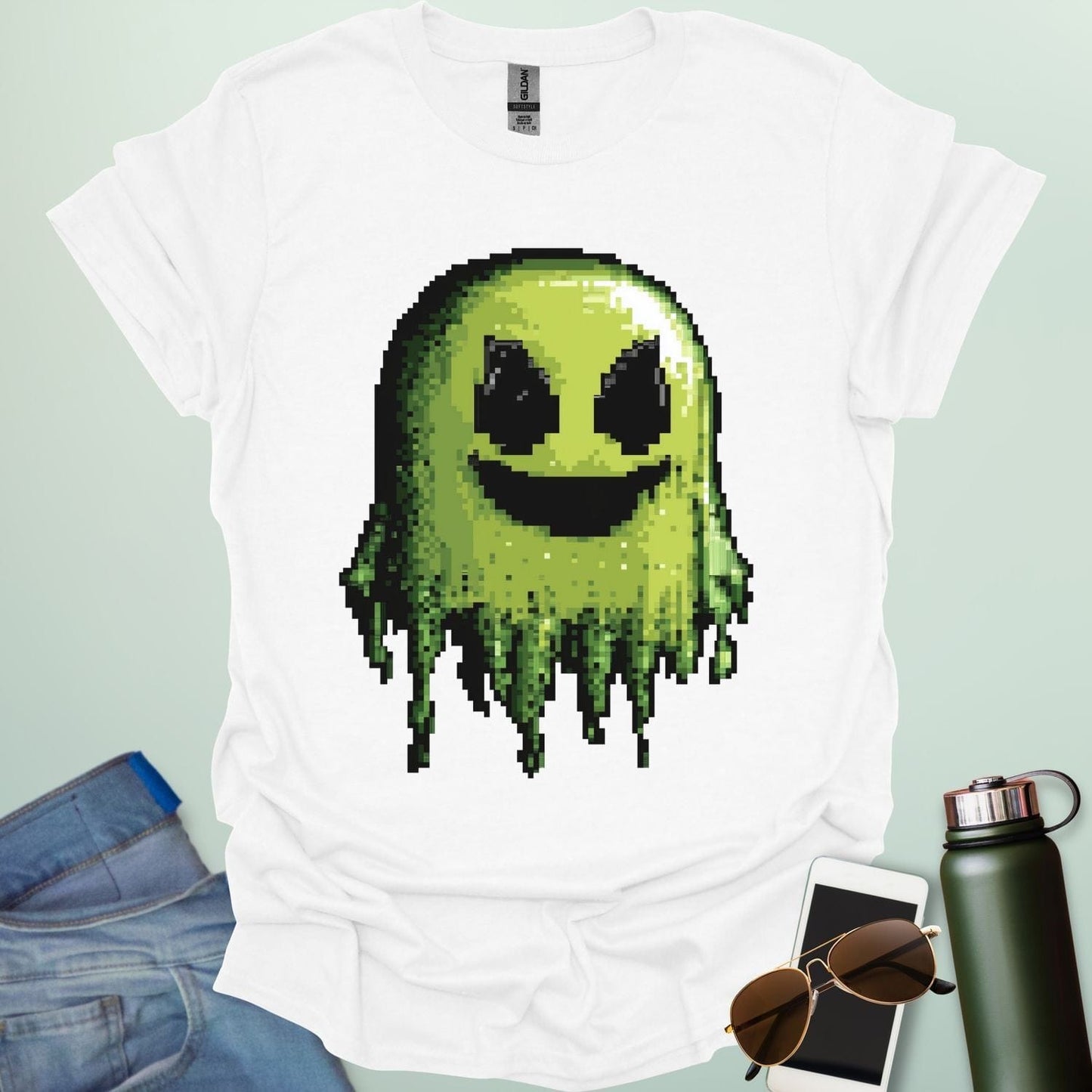 Pixel Ghost t-shirt featuring 8-bit style ghost graphic โ a retro video-game inspired design for coders, gamers and lovers of spooky fun.