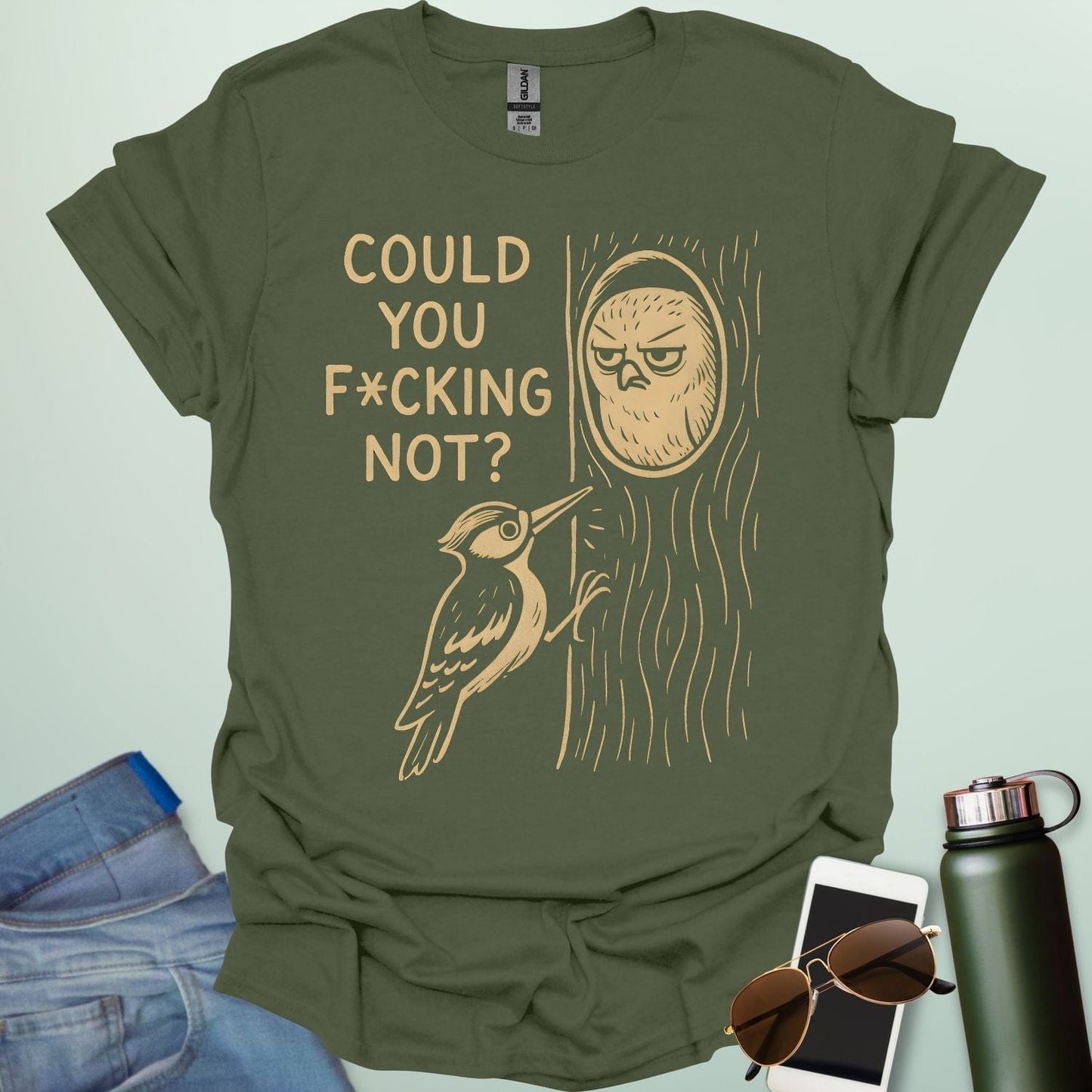 Minimal illustration of an irritated owl peeking from its tree burrow while a woodpecker pecks at the trunk, with bold text reading “COULD YOU F*CKING NOT?” on a dark background.