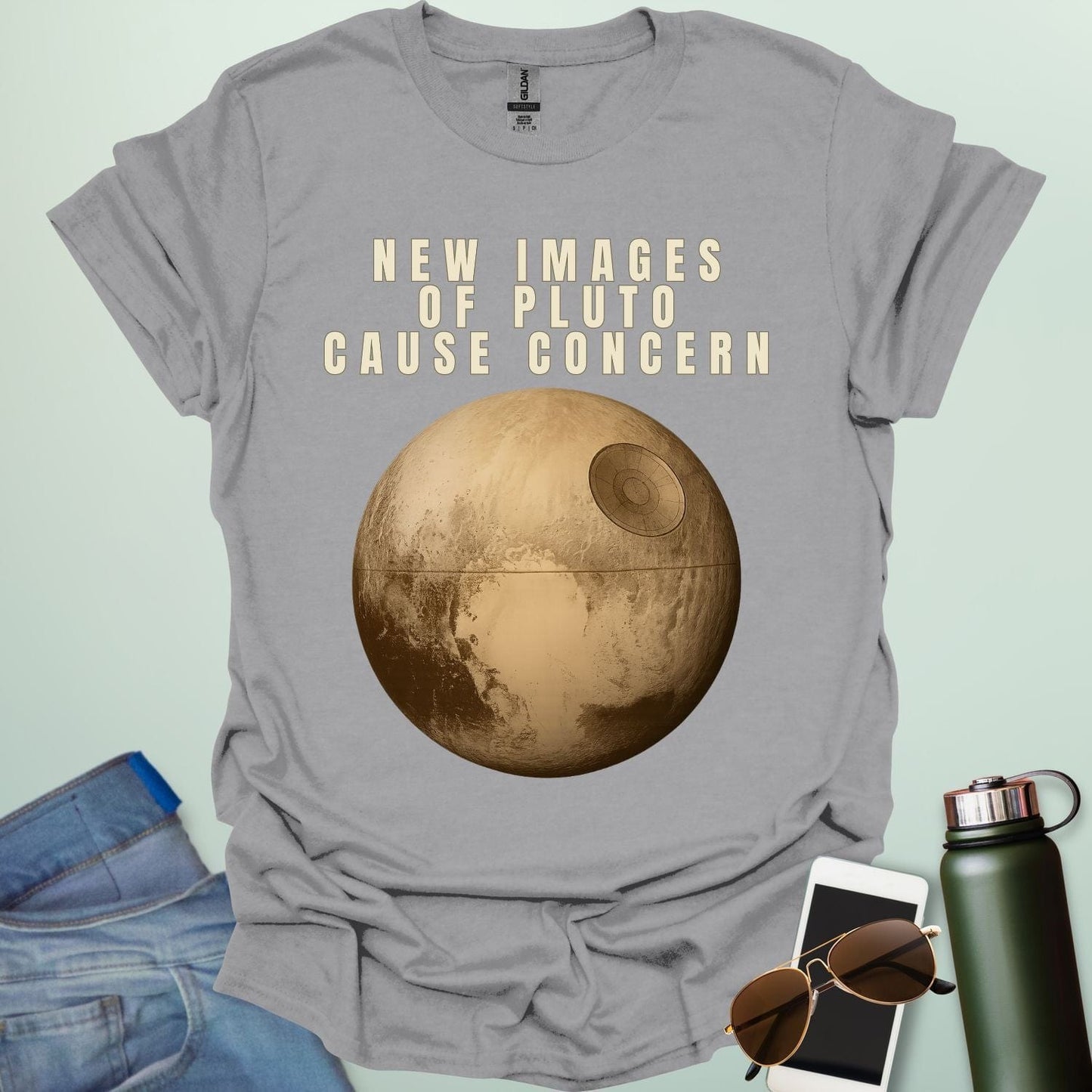 โNew Images of Pluto Cause Concernโ space humor t-shirt with Pluto graphic โ perfect for astronomy fans and geeks.