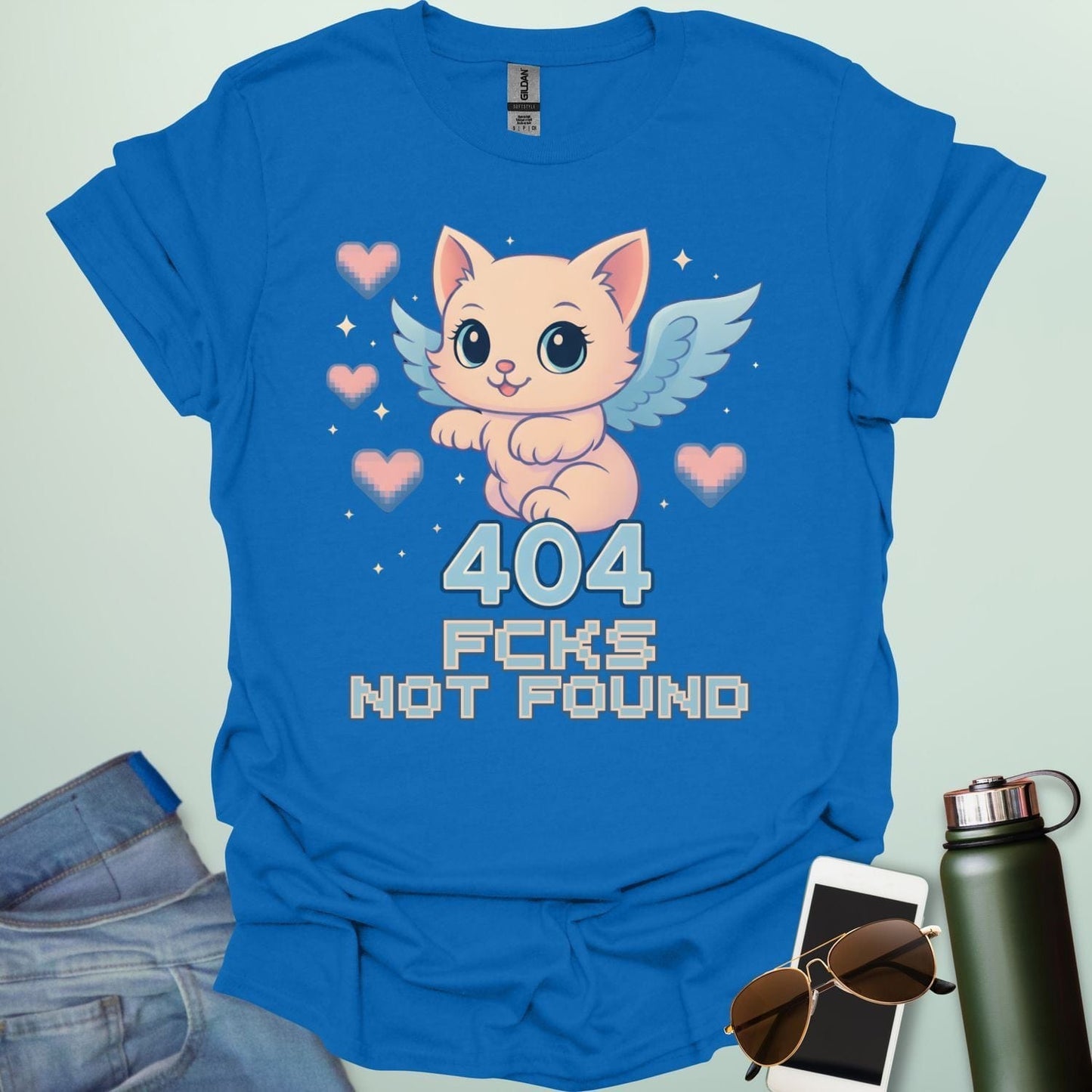 ‘404 F*cks Not Found’ t-shirt design with bold glitch/tech style lettering — a sarcastic error code humor tee.