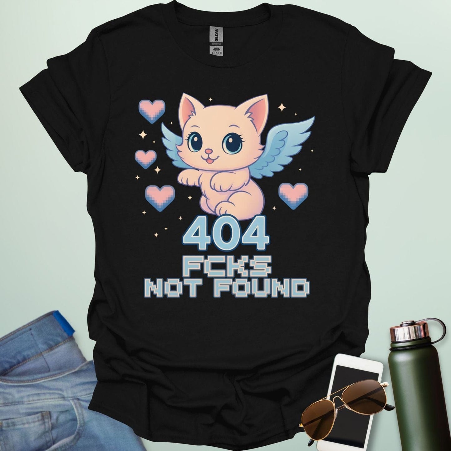 ‘404 F*cks Not Found’ t-shirt design with bold glitch/tech style lettering — a sarcastic error code humor tee.