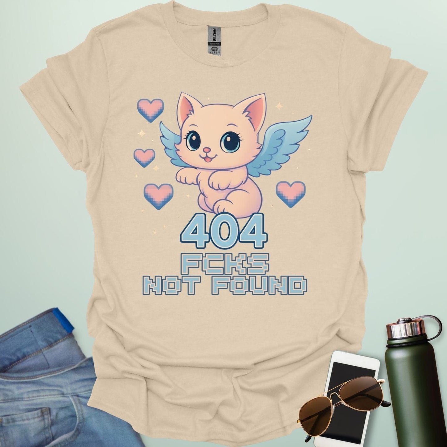 ‘404 F*cks Not Found’ t-shirt design with bold glitch/tech style lettering — a sarcastic error code humor tee.