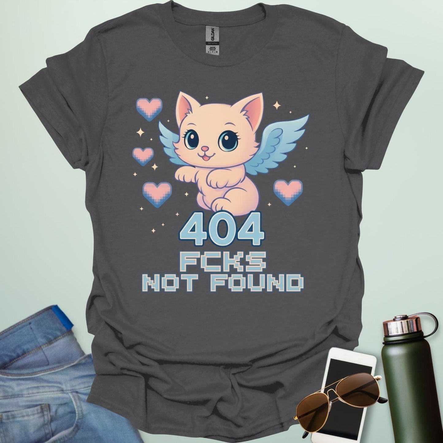 ‘404 F*cks Not Found’ t-shirt design with bold glitch/tech style lettering — a sarcastic error code humor tee.