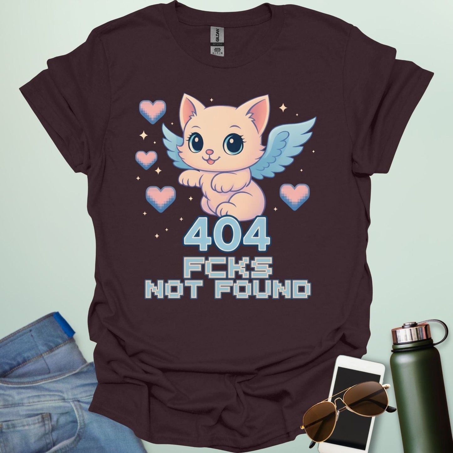 ‘404 F*cks Not Found’ t-shirt design with bold glitch/tech style lettering — a sarcastic error code humor tee.