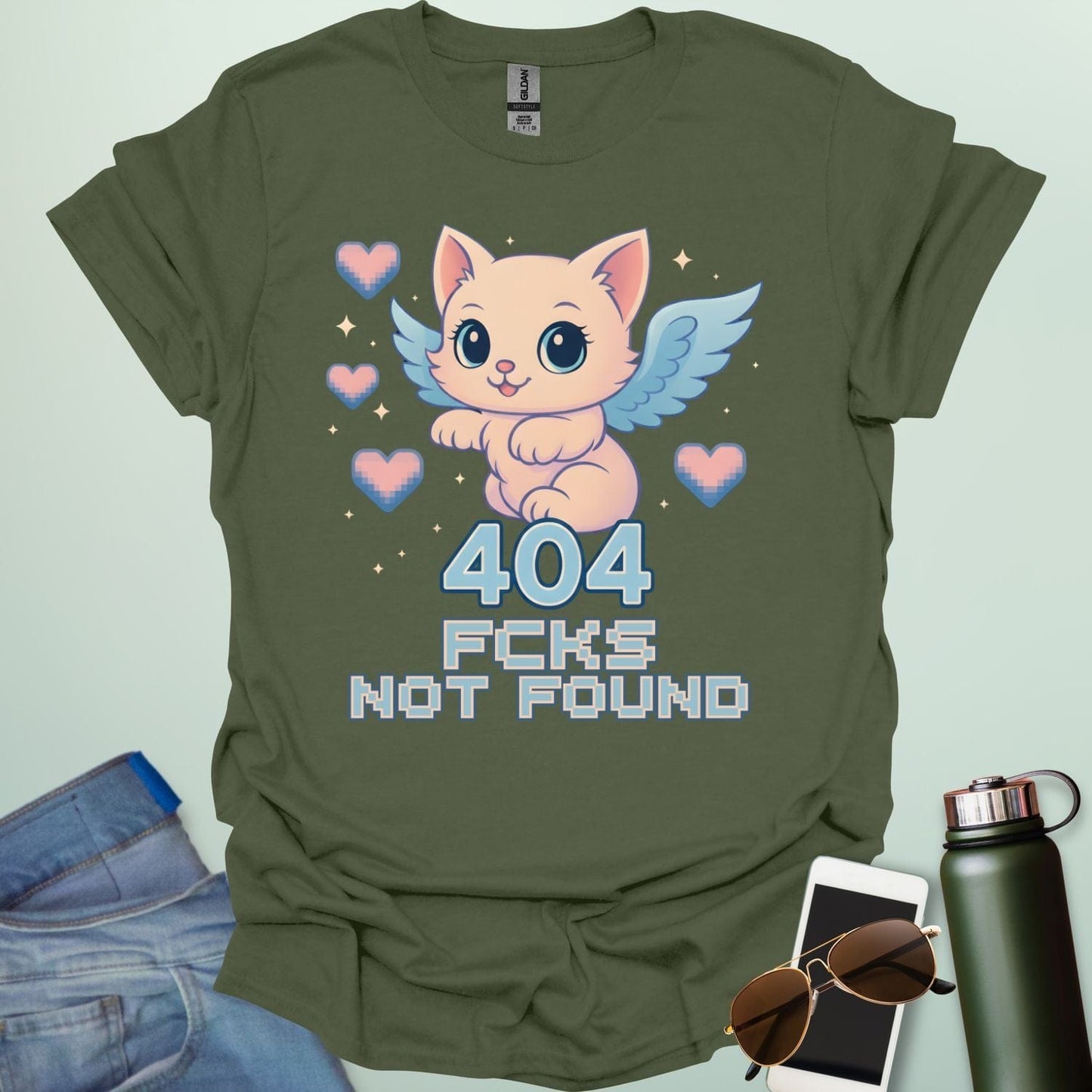 ‘404 F*cks Not Found’ t-shirt design with bold glitch/tech style lettering — a sarcastic error code humor tee.
