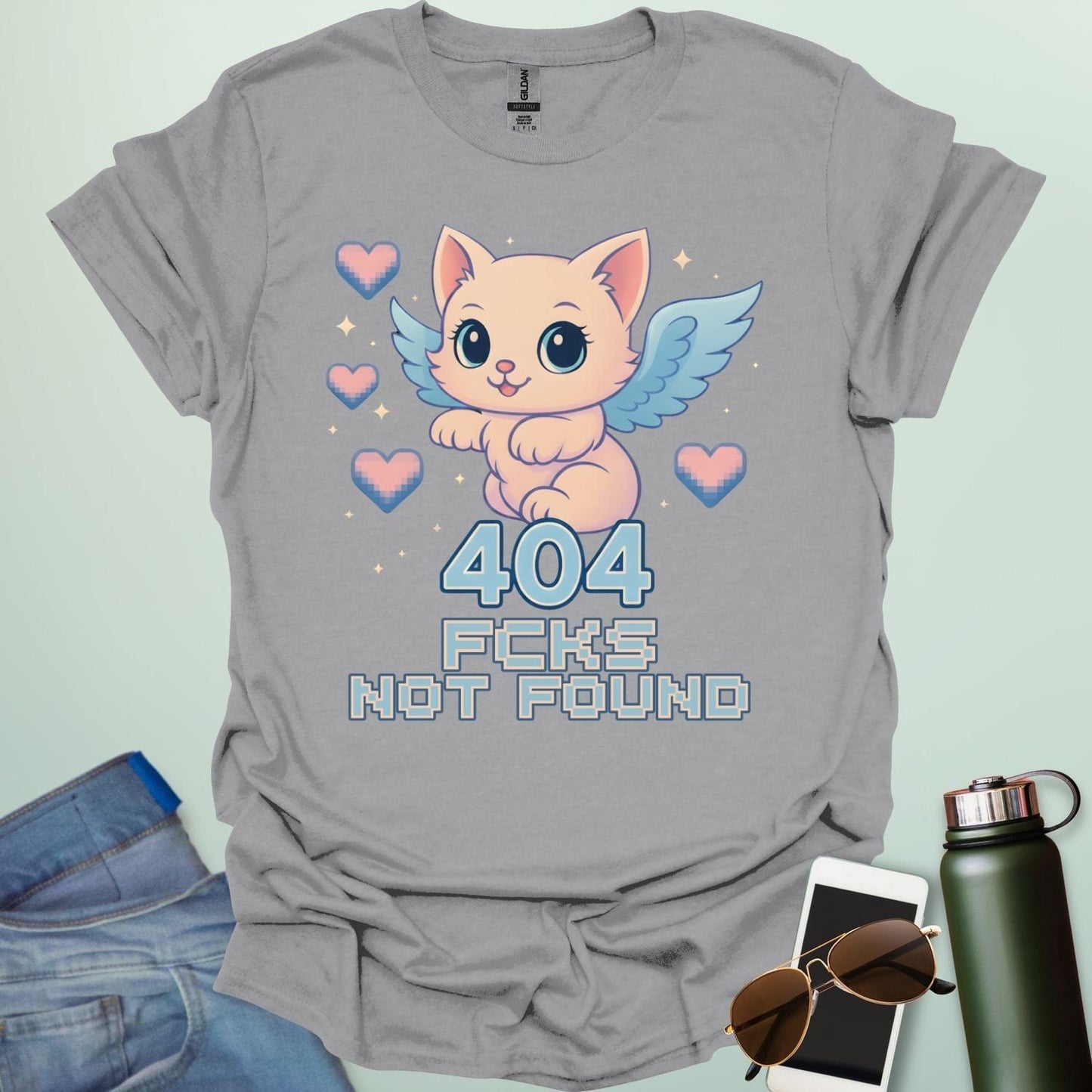 ‘404 F*cks Not Found’ t-shirt design with bold glitch/tech style lettering — a sarcastic error code humor tee.