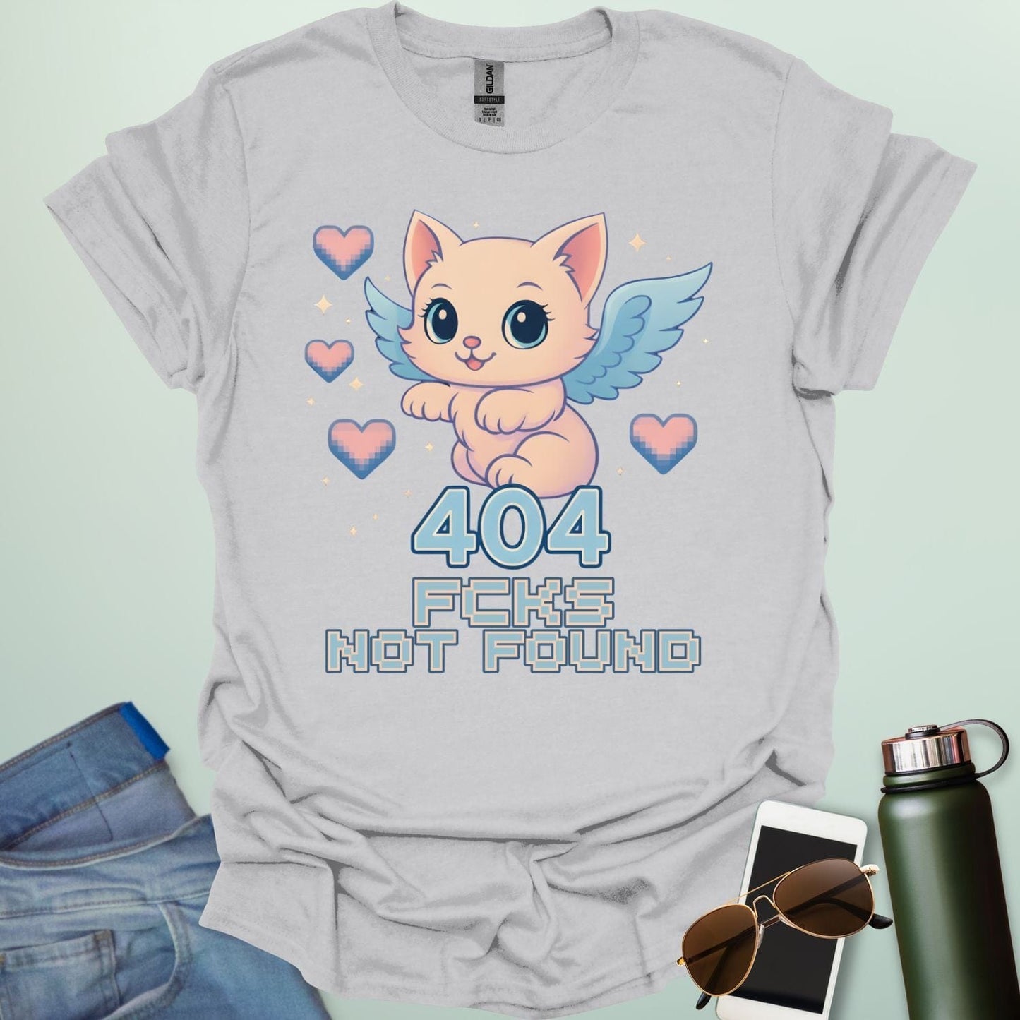 ‘404 F*cks Not Found’ t-shirt design with bold glitch/tech style lettering — a sarcastic error code humor tee.