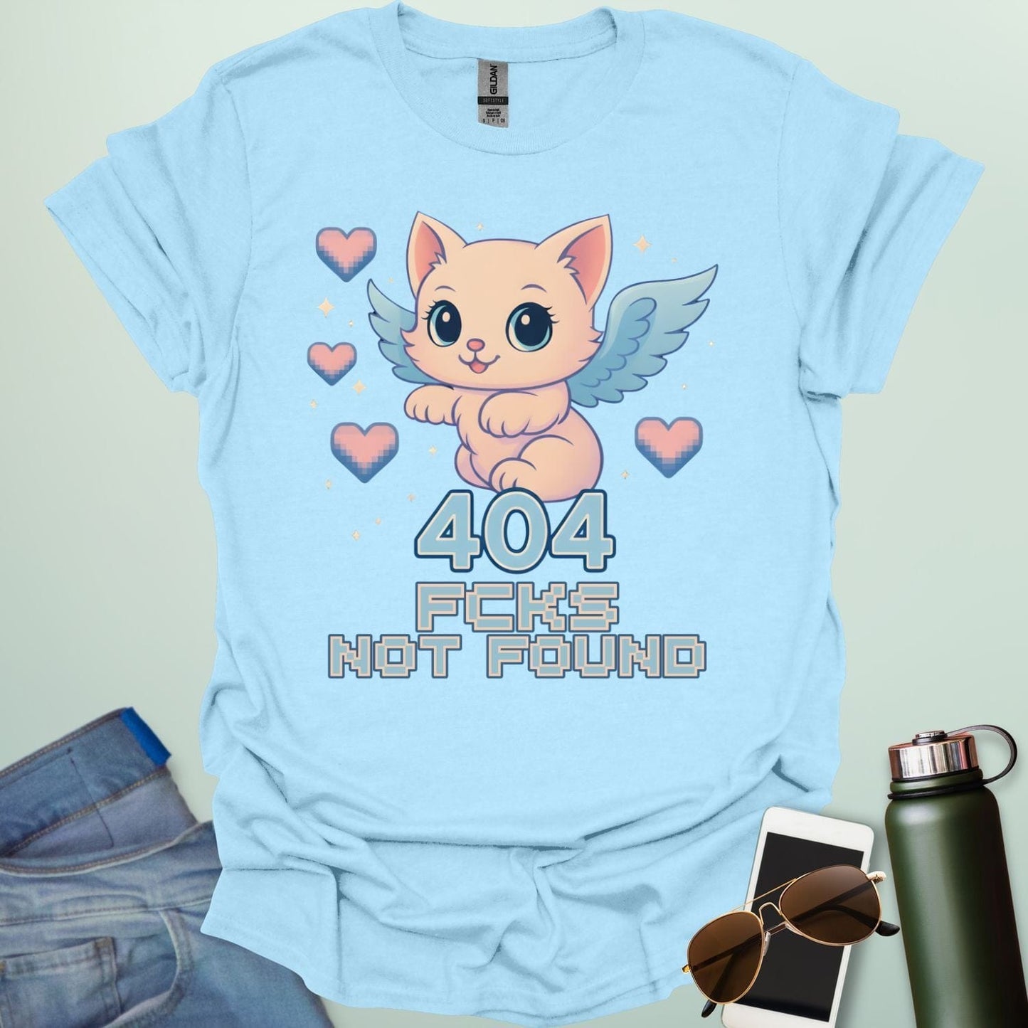 ‘404 F*cks Not Found’ t-shirt design with bold glitch/tech style lettering — a sarcastic error code humor tee.