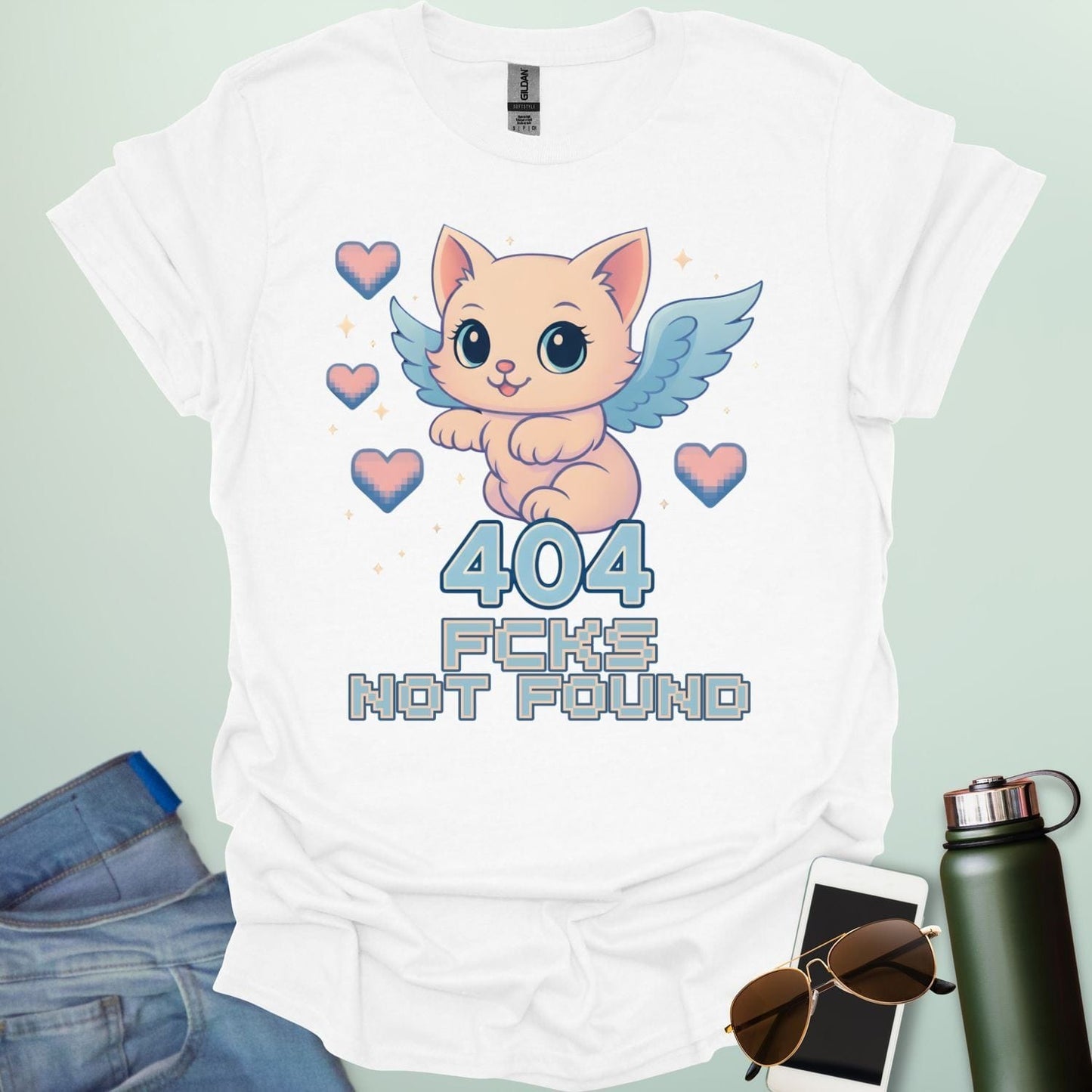 ‘404 F*cks Not Found’ t-shirt design with bold glitch/tech style lettering — a sarcastic error code humor tee.
