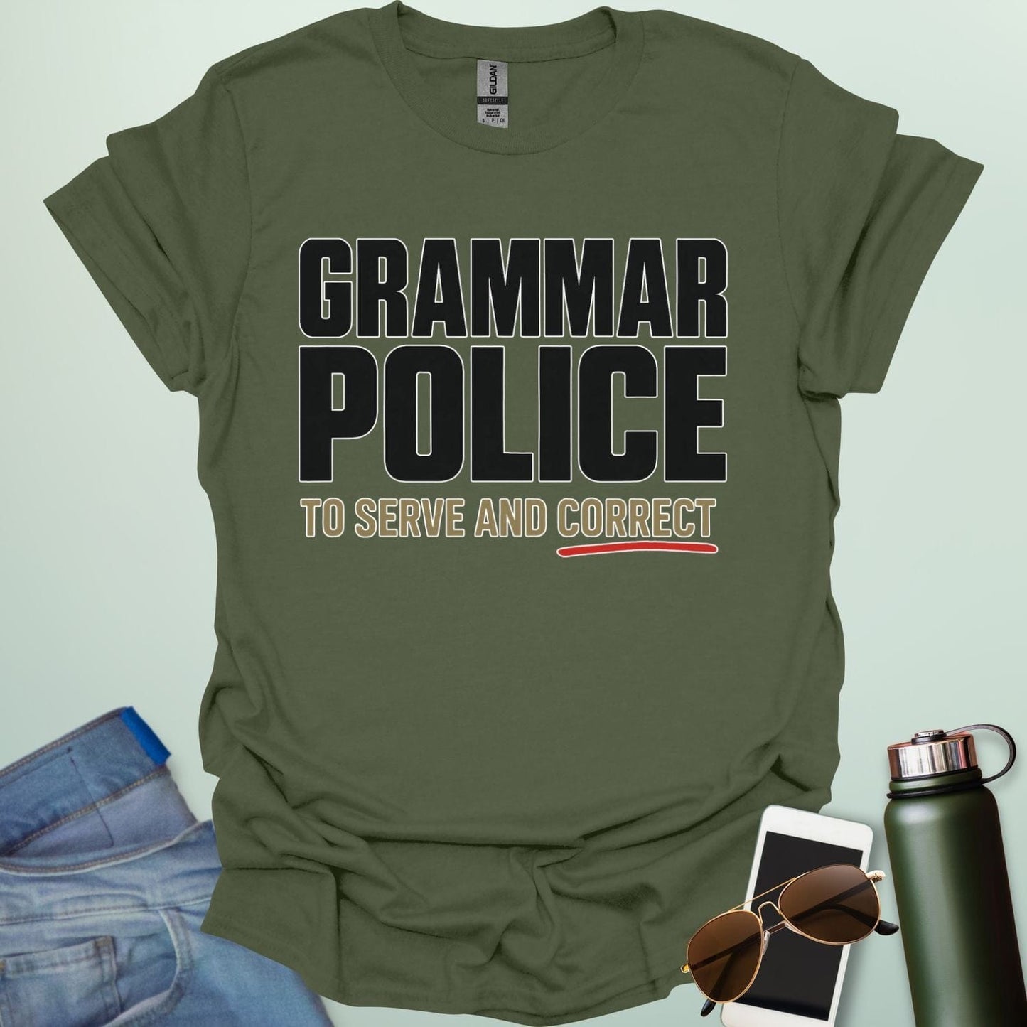 ‘Grammar Police: To Serve & Correct’ t-shirt with badge-style typography — witty grammar humor shirt for editors, teachers, and word nerds.