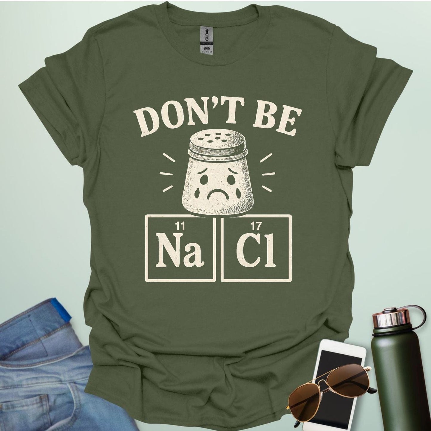 Don't Be Salty t-shirt with a sad salt shaker and the chemical symbols for salt, NaCl.