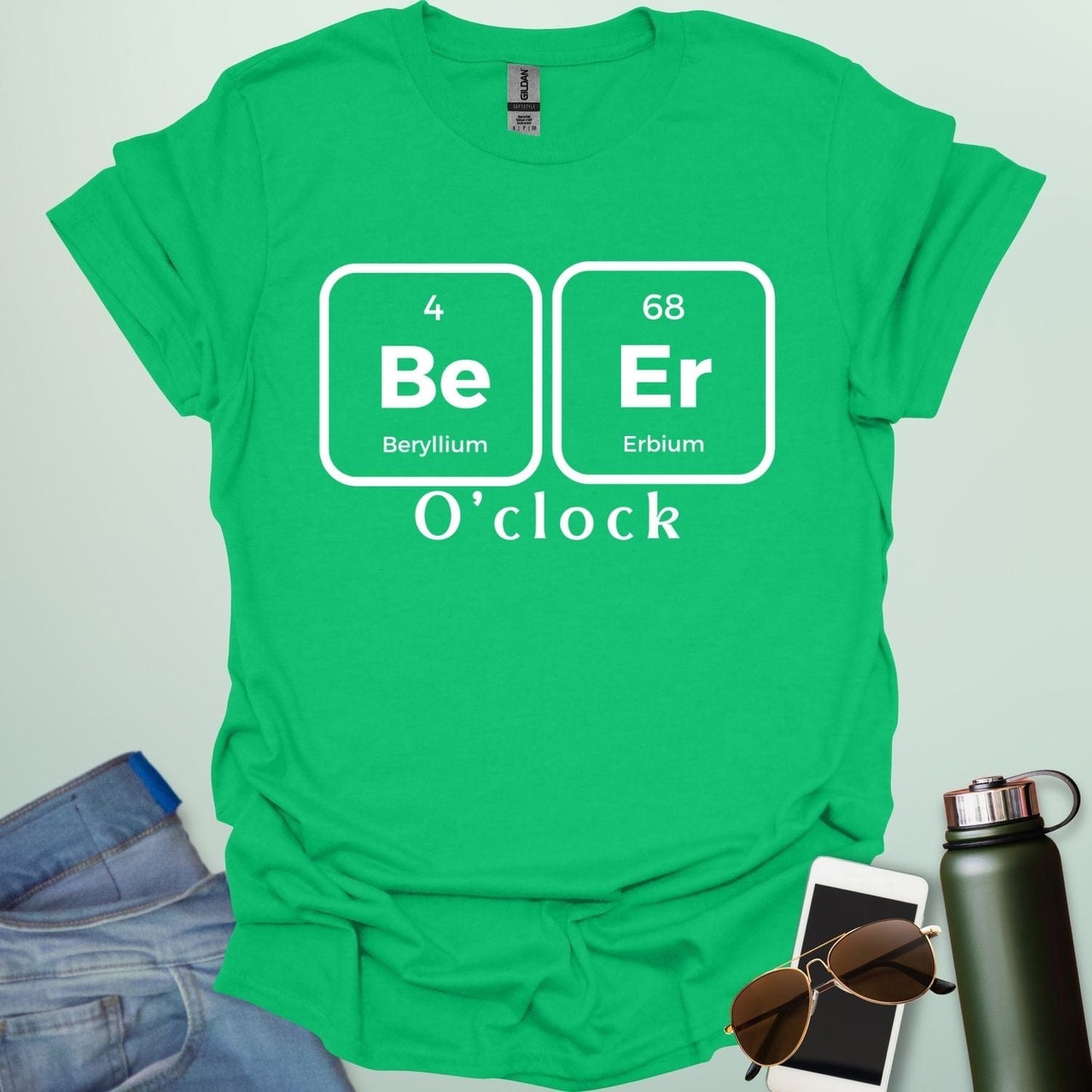A funny chemistry t-shirt featuring a periodic table pun for 'Beer O'clock' using the elements Beryllium (Be) and Erbium (Er).