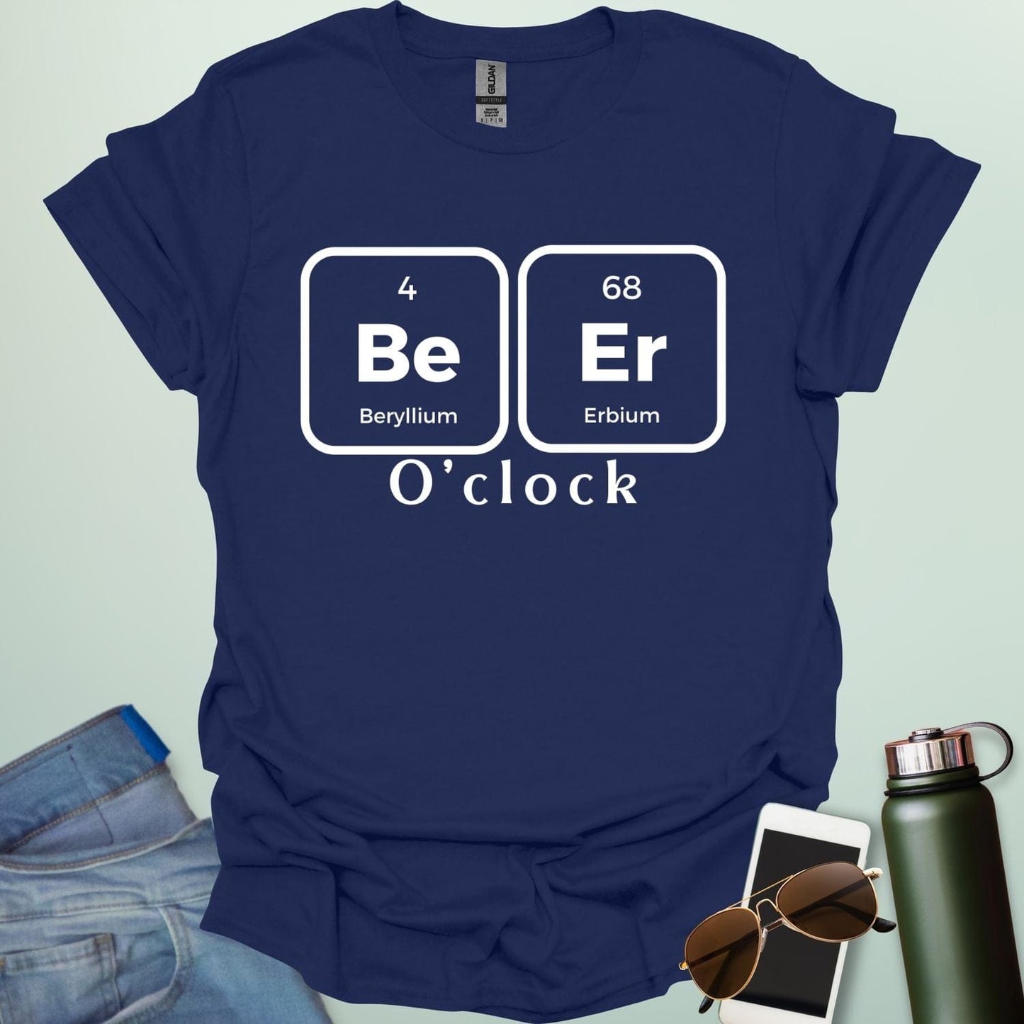 A funny chemistry t-shirt featuring a periodic table pun for 'Beer O'clock' using the elements Beryllium (Be) and Erbium (Er).