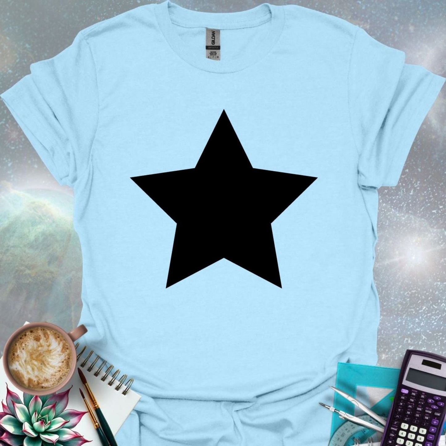A solid black star graphic.