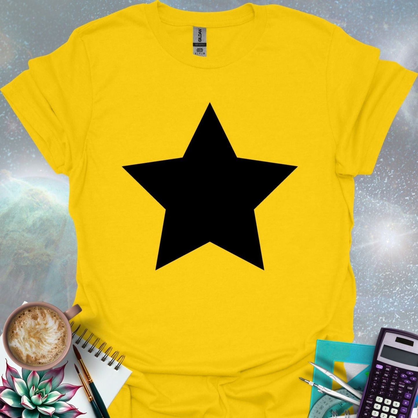 A solid black star graphic.