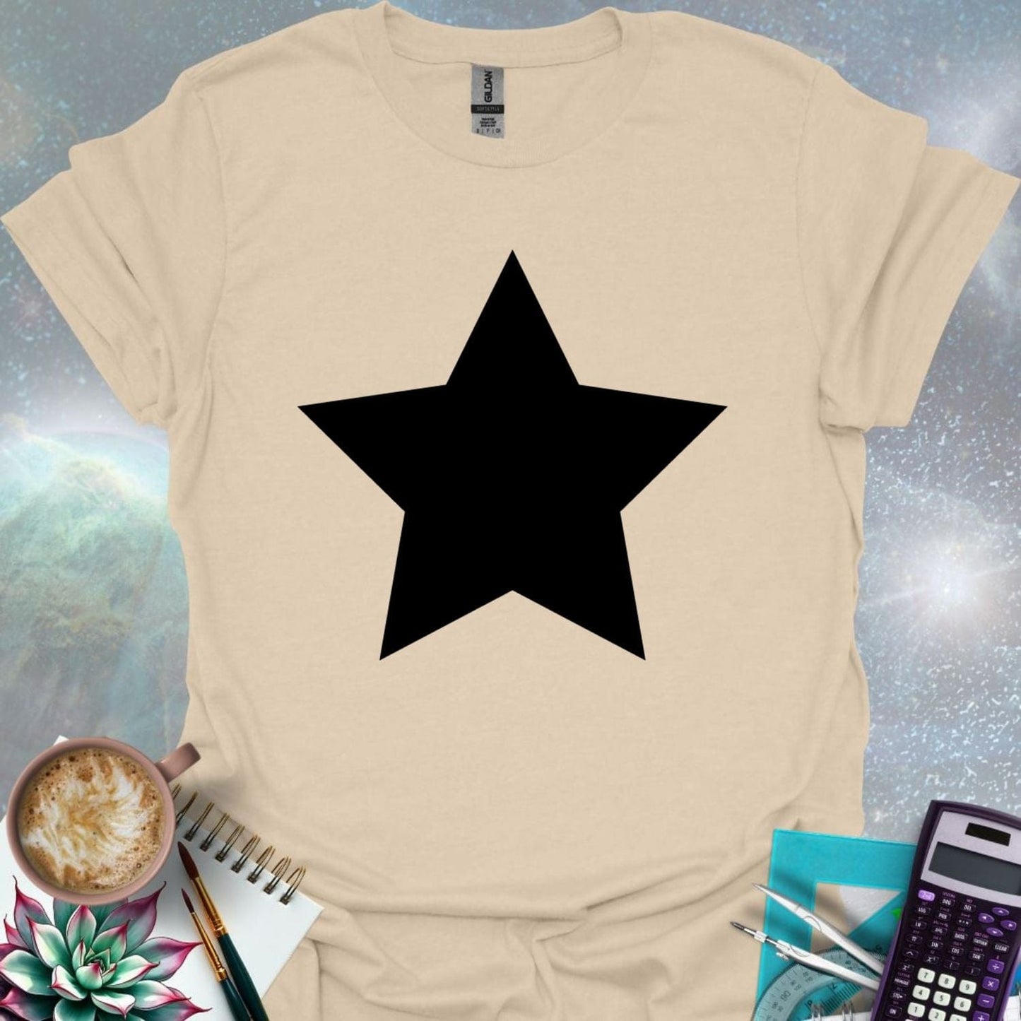 A solid black star graphic.