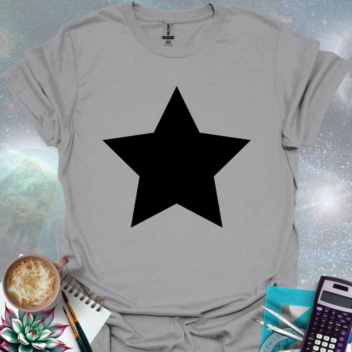 A solid black star graphic.