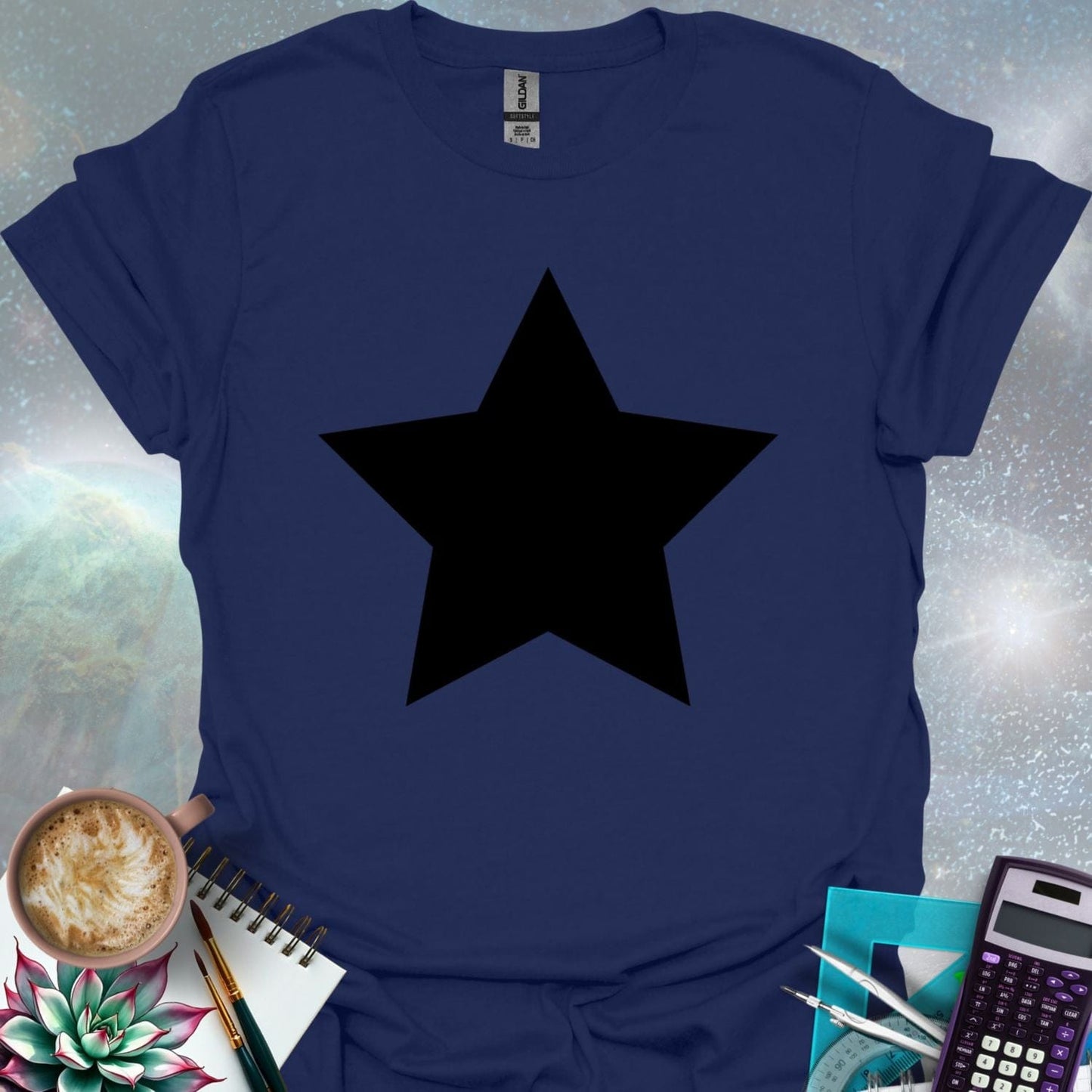 A solid black star graphic.