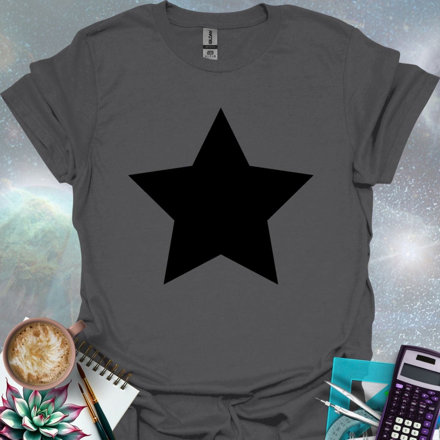 A solid black star graphic.