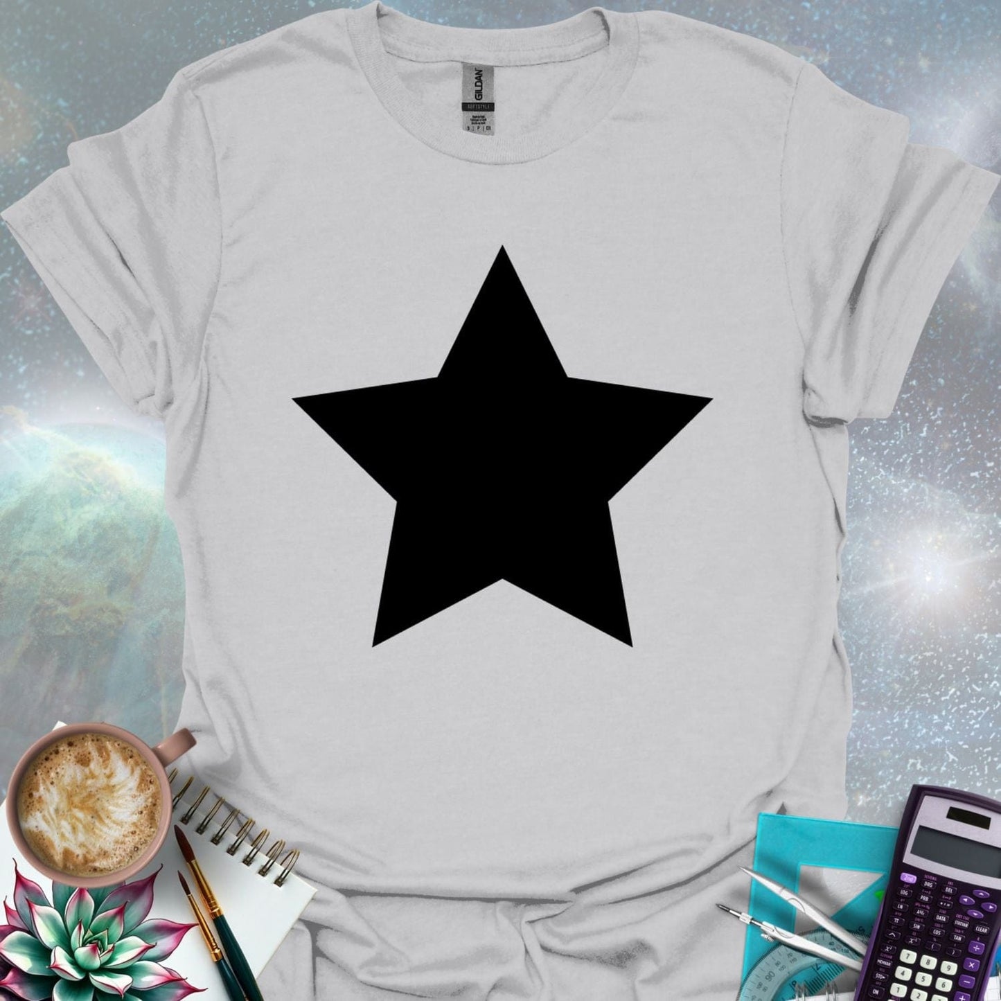 A solid black star graphic.