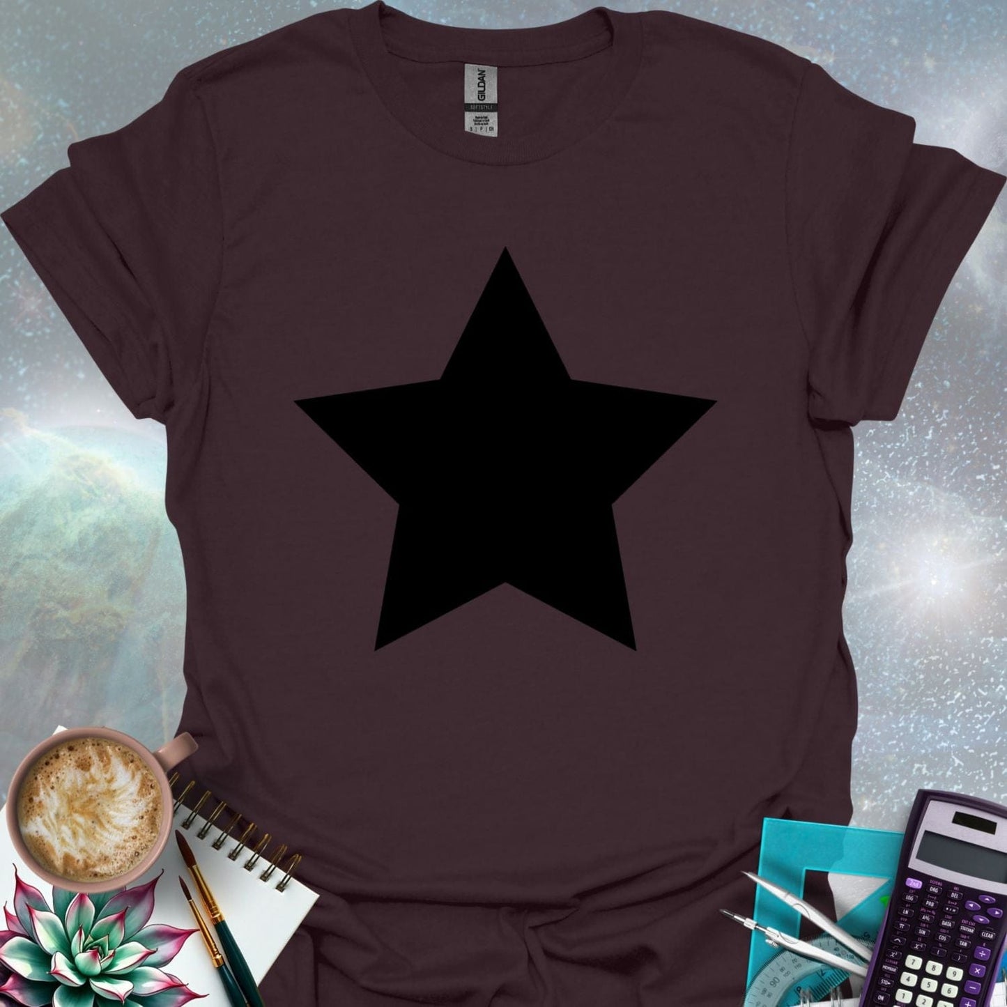 A solid black star graphic.