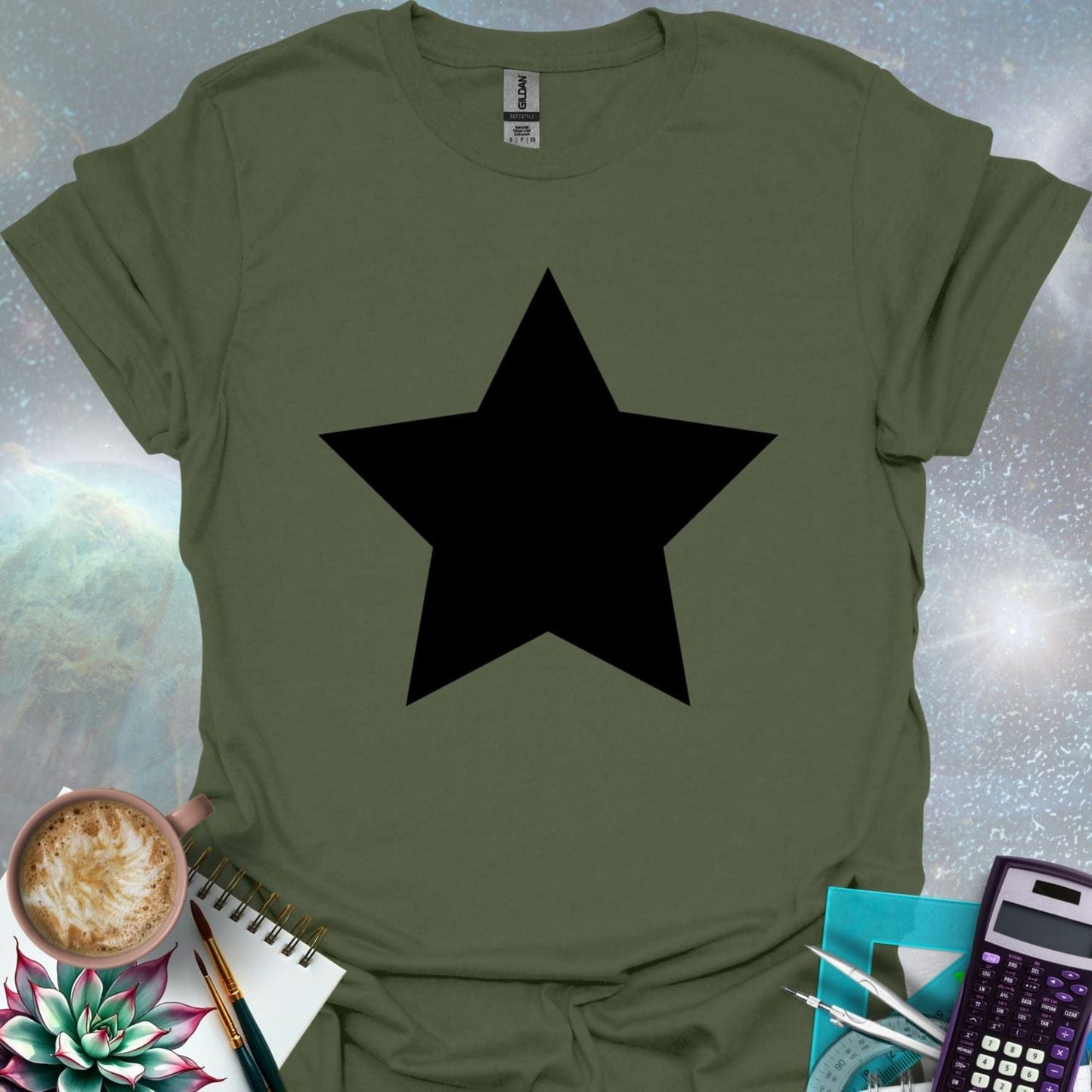 A solid black star graphic.