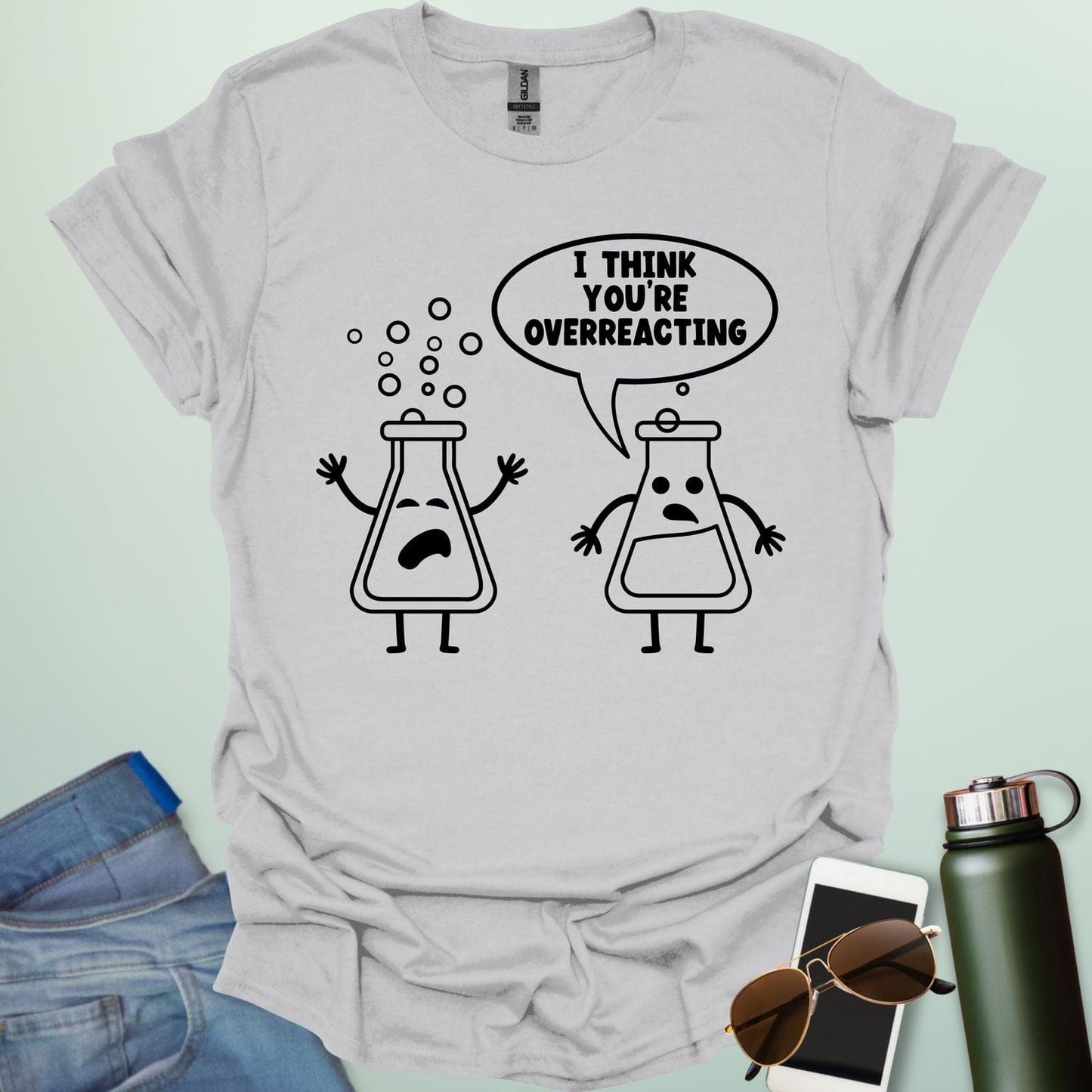 Ice Grey t-shirt with 2 line art science flasks with text "I THINK YOU'RE OVERREACTING"