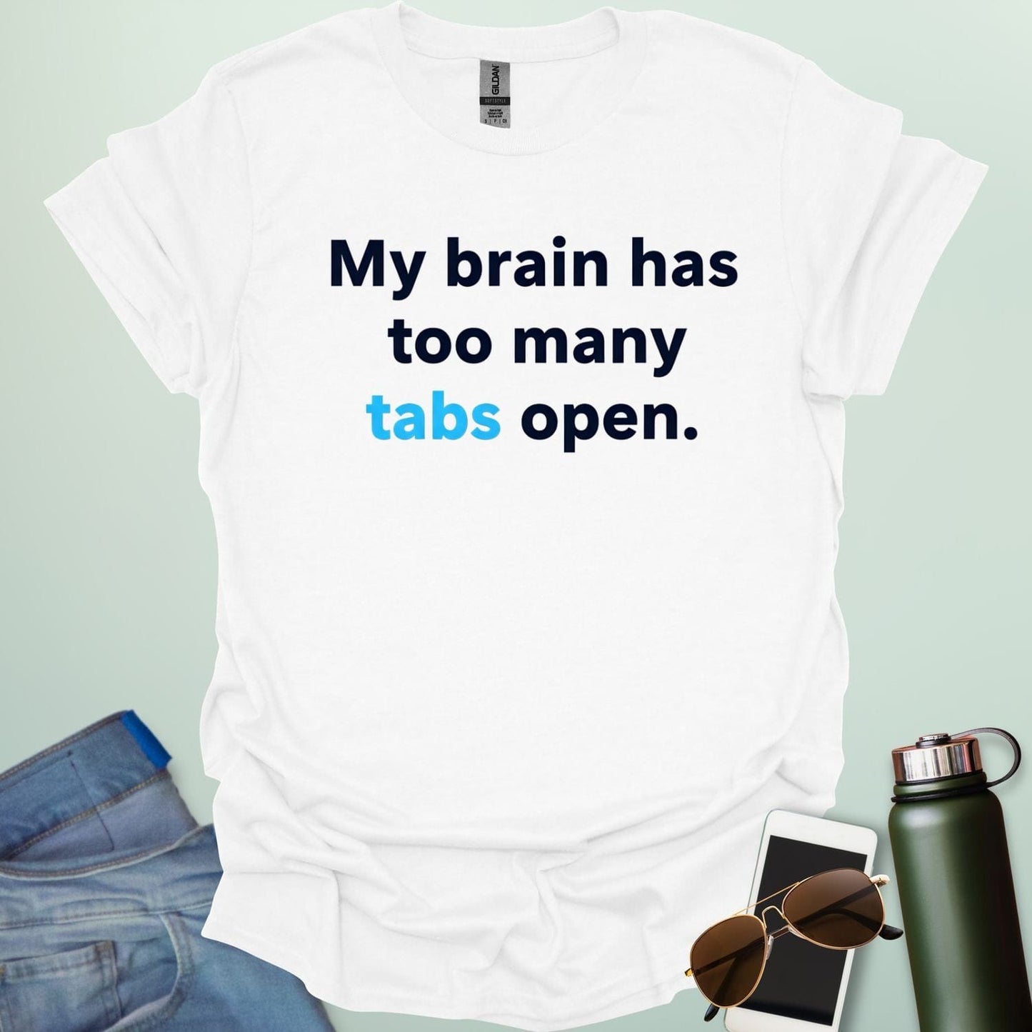 A graphic illustration of multiple computer browser tabs stacked on top of each other with the text "I HAVE TOO MANY TABS OPEN IN MY BRAIN."