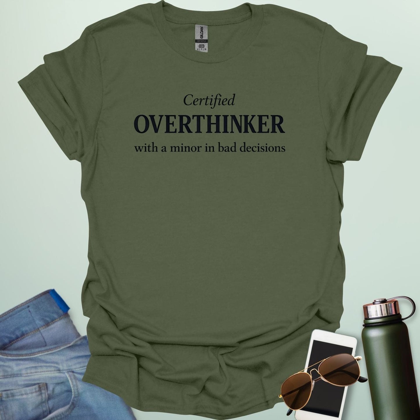 A vintage badge-style design with stars and a laurel wreath surrounding the bold text "CERTIFIED OVERTHINKER" in a classic athletic font.