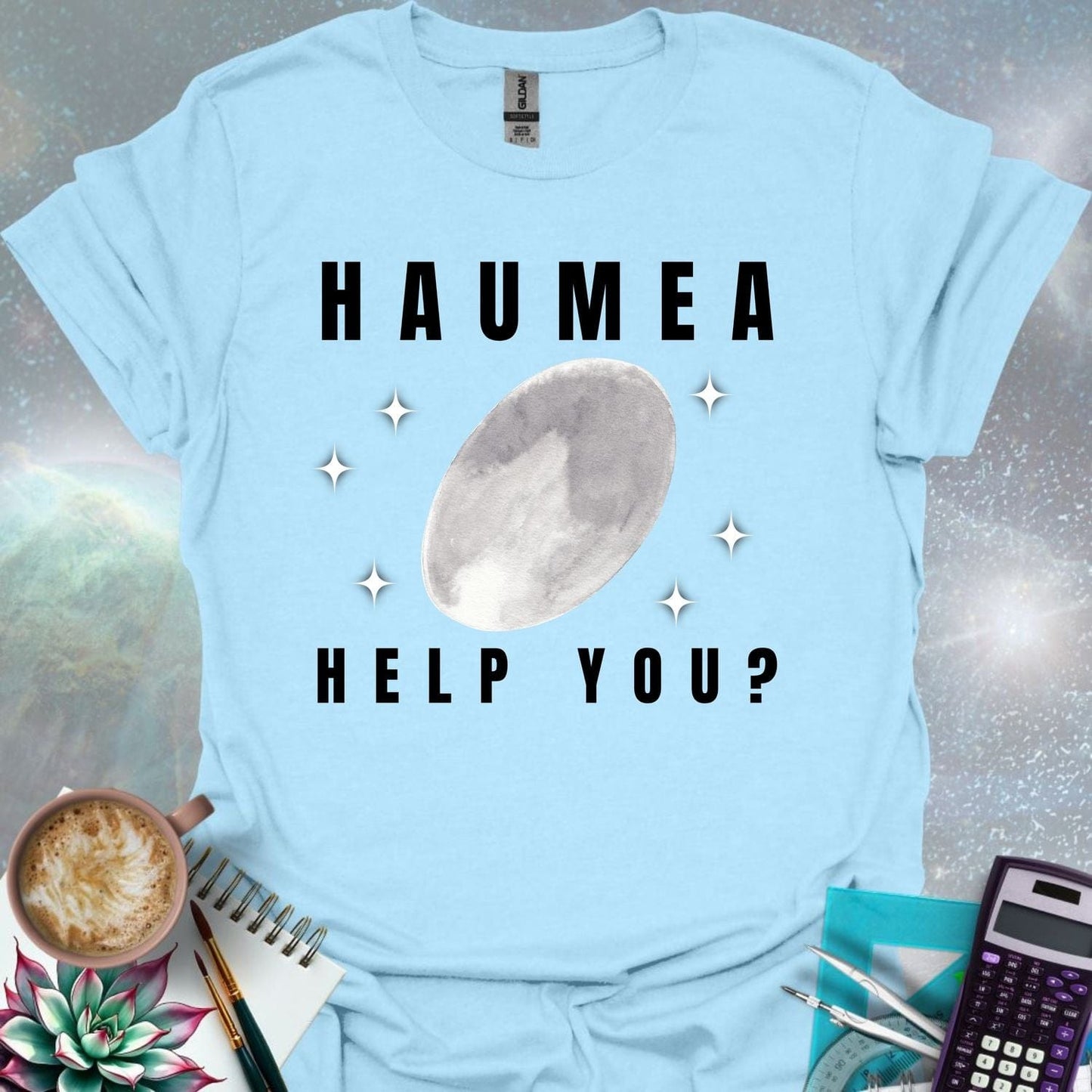 The word 'HAUMEA' above an oval-shaped illustration of the dwarf planet Haumea surrounded by stylized stars, with the text 'HELP YOU?' below.