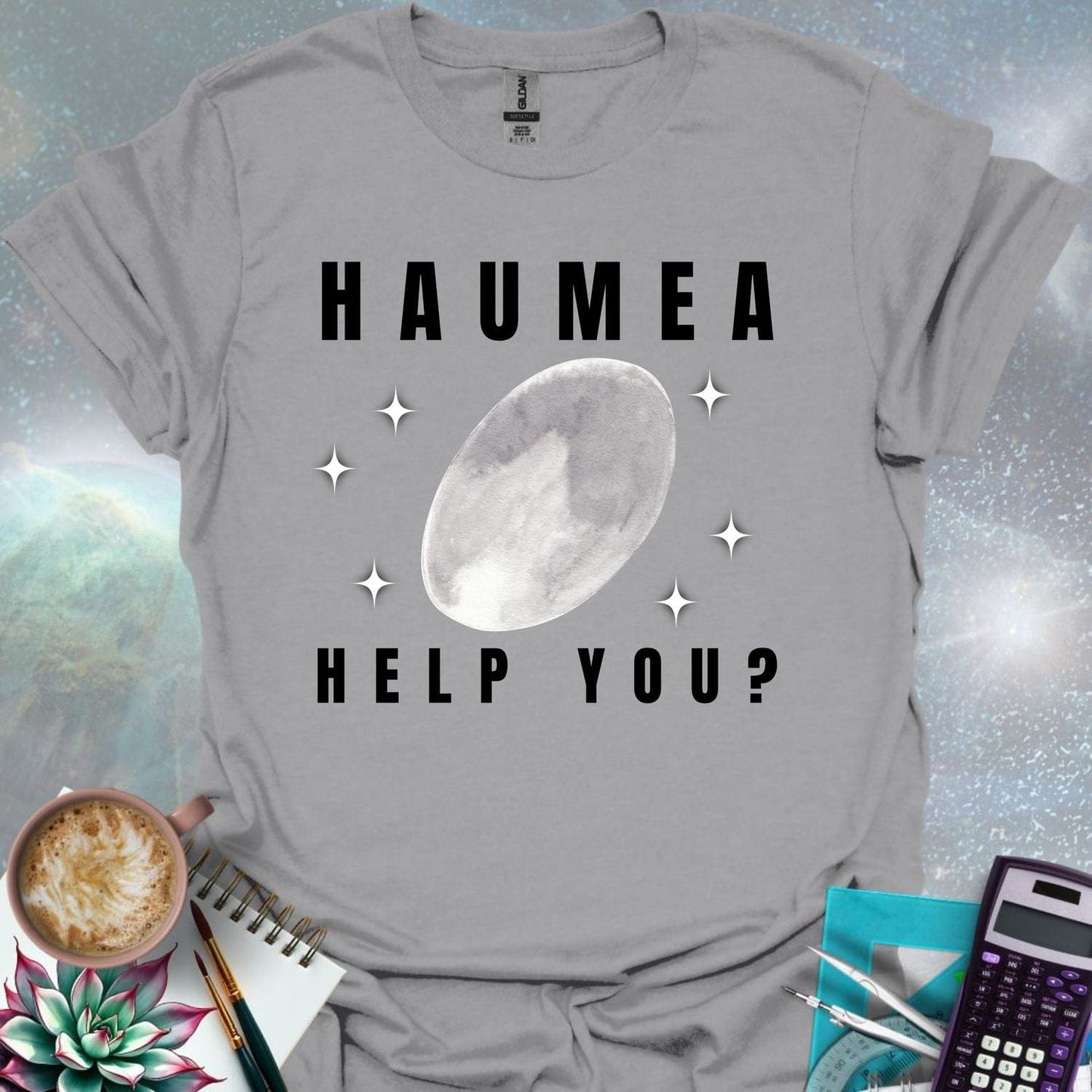 The word 'HAUMEA' above an oval-shaped illustration of the dwarf planet Haumea surrounded by stylized stars, with the text 'HELP YOU?' below.