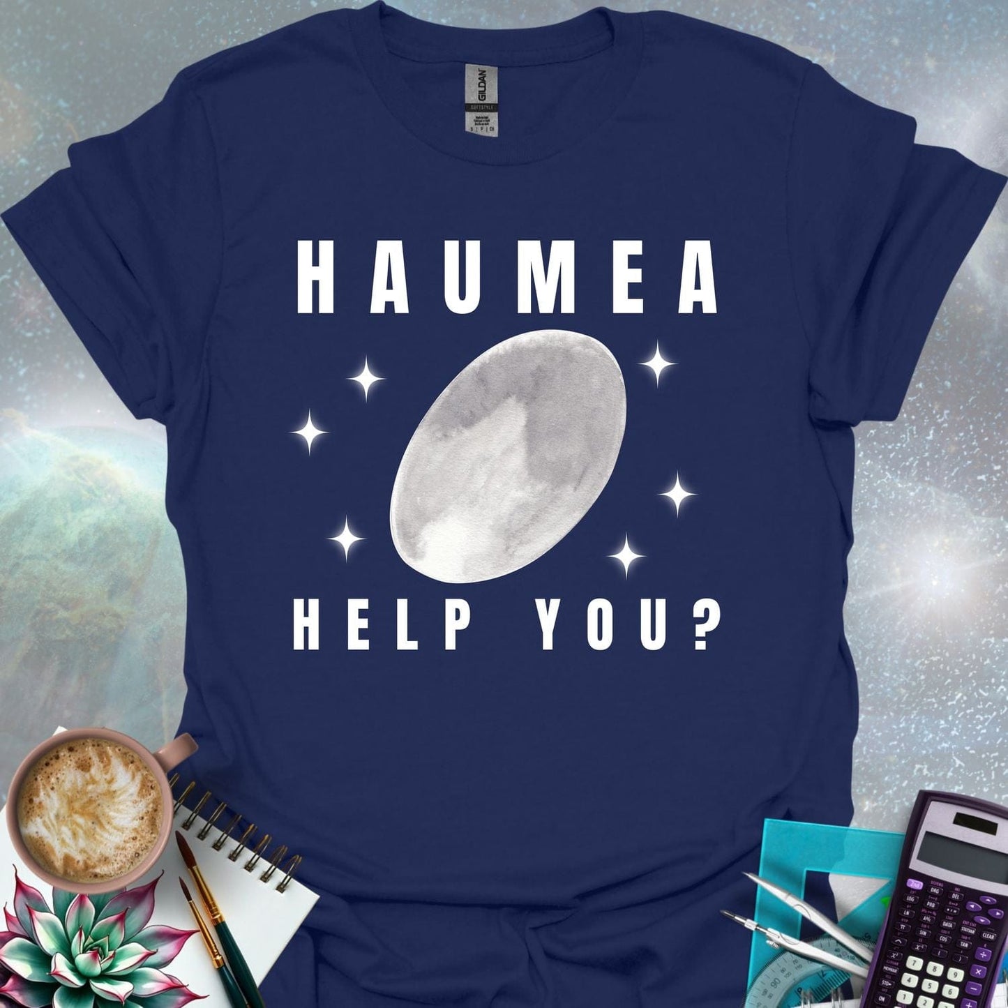 The word 'HAUMEA' above an oval-shaped illustration of the dwarf planet Haumea surrounded by stylized stars, with the text 'HELP YOU?' below.