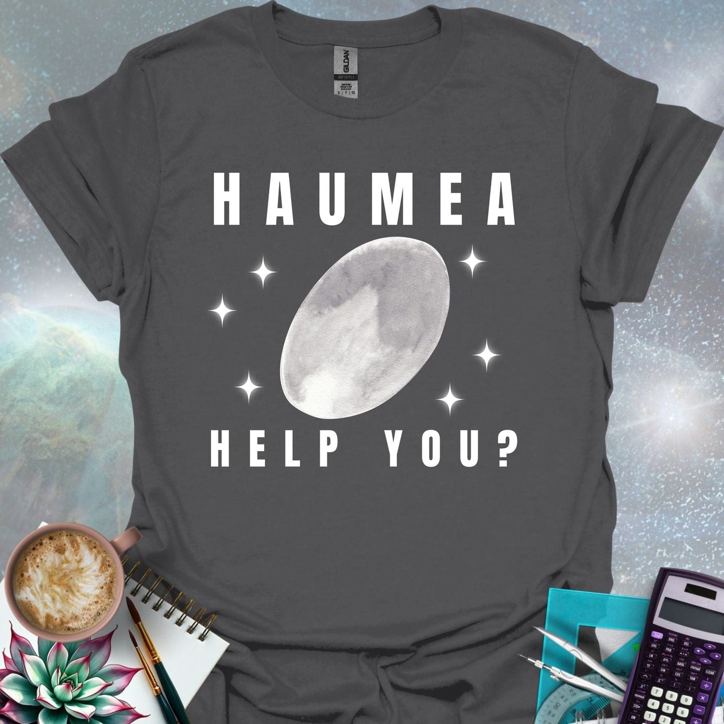 The word 'HAUMEA' above an oval-shaped illustration of the dwarf planet Haumea surrounded by stylized stars, with the text 'HELP YOU?' below.