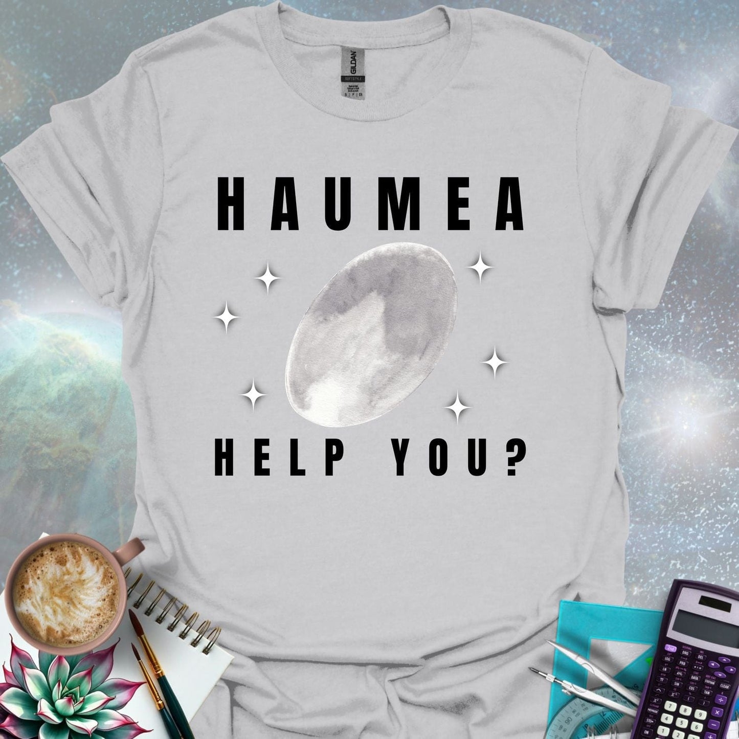 The word 'HAUMEA' above an oval-shaped illustration of the dwarf planet Haumea surrounded by stylized stars, with the text 'HELP YOU?' below.