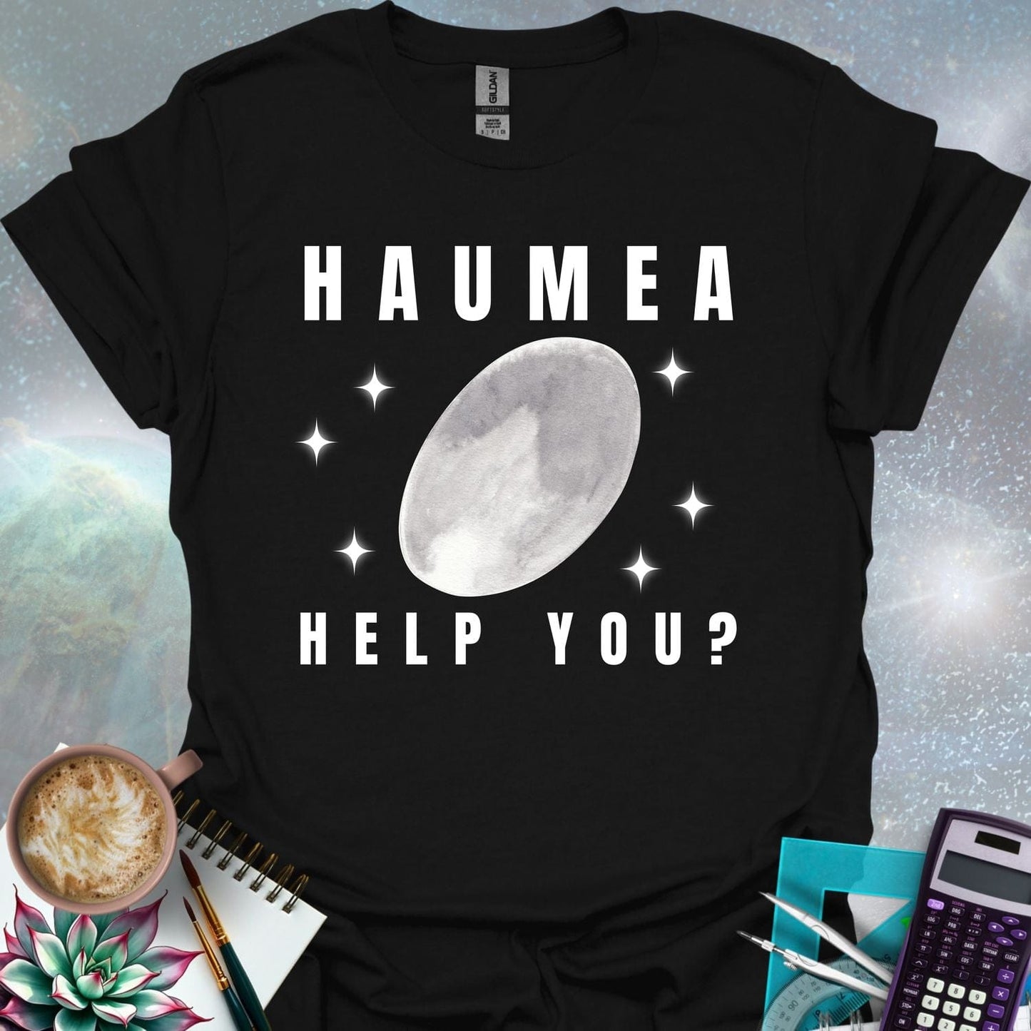 The word 'HAUMEA' above an oval-shaped illustration of the dwarf planet Haumea surrounded by stylized stars, with the text 'HELP YOU?' below.