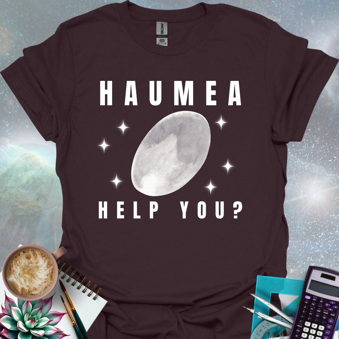 The word 'HAUMEA' above an oval-shaped illustration of the dwarf planet Haumea surrounded by stylized stars, with the text 'HELP YOU?' below.